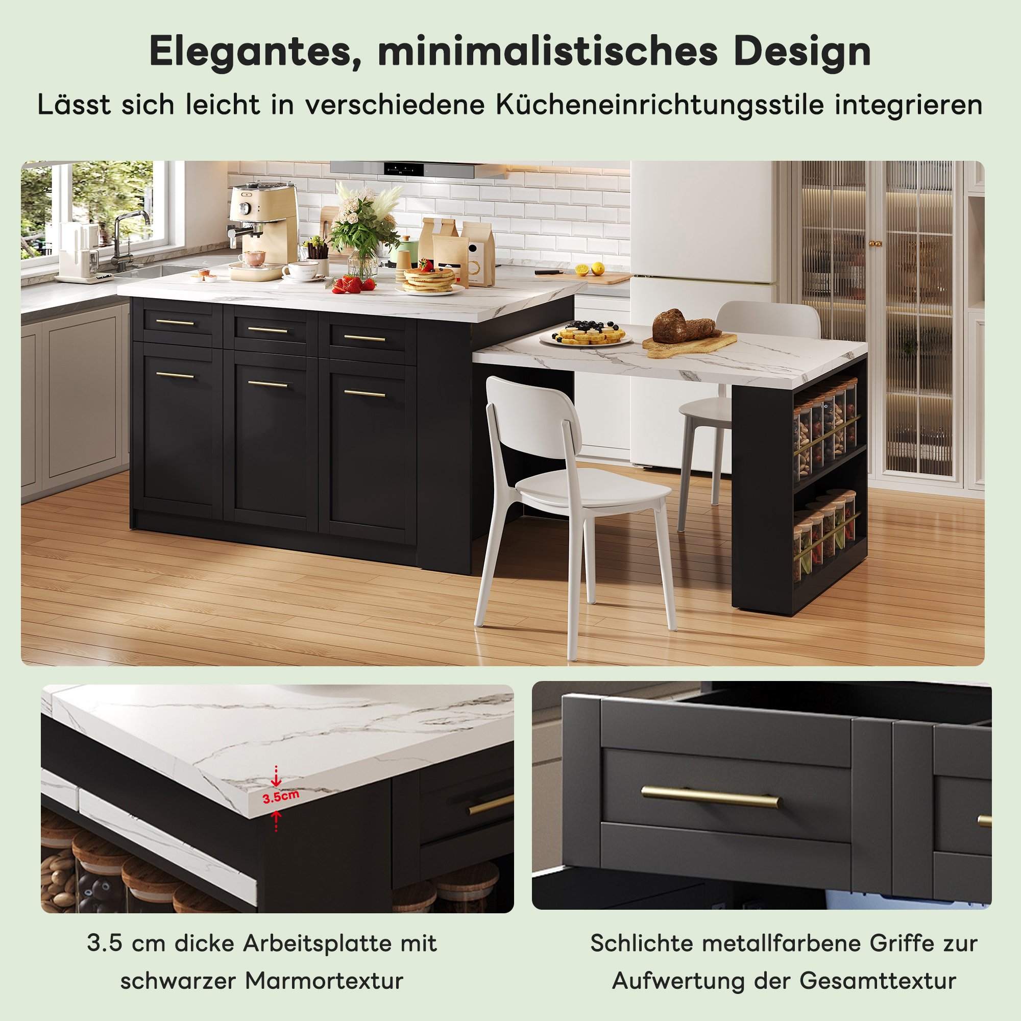 Îlot de cuisine avec table extensible, blanc et noir, plan de travail marbré, rangements intégrés, 150x90x90 cm