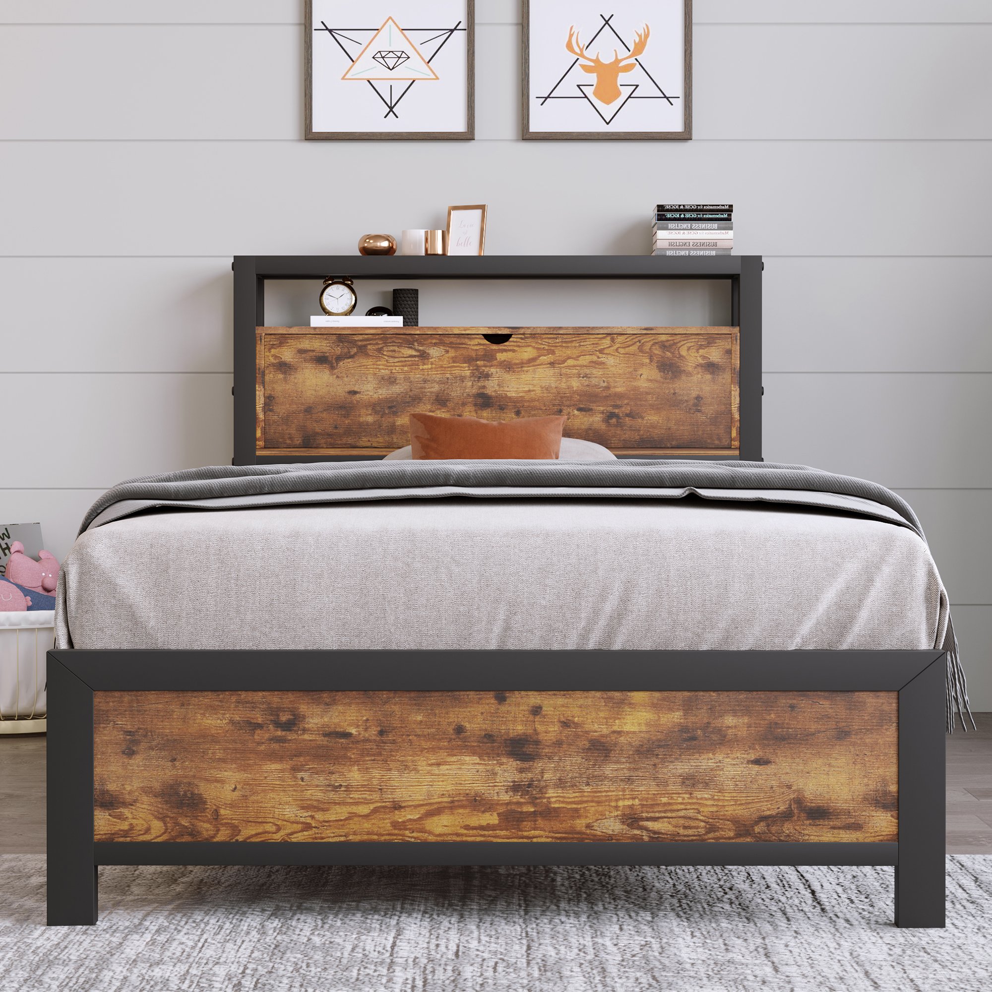 Lit enfant 90x200 en métal et bois noir, cadre de lit industriel avec rangement sous le couchage et tête de lit fonctionnelle