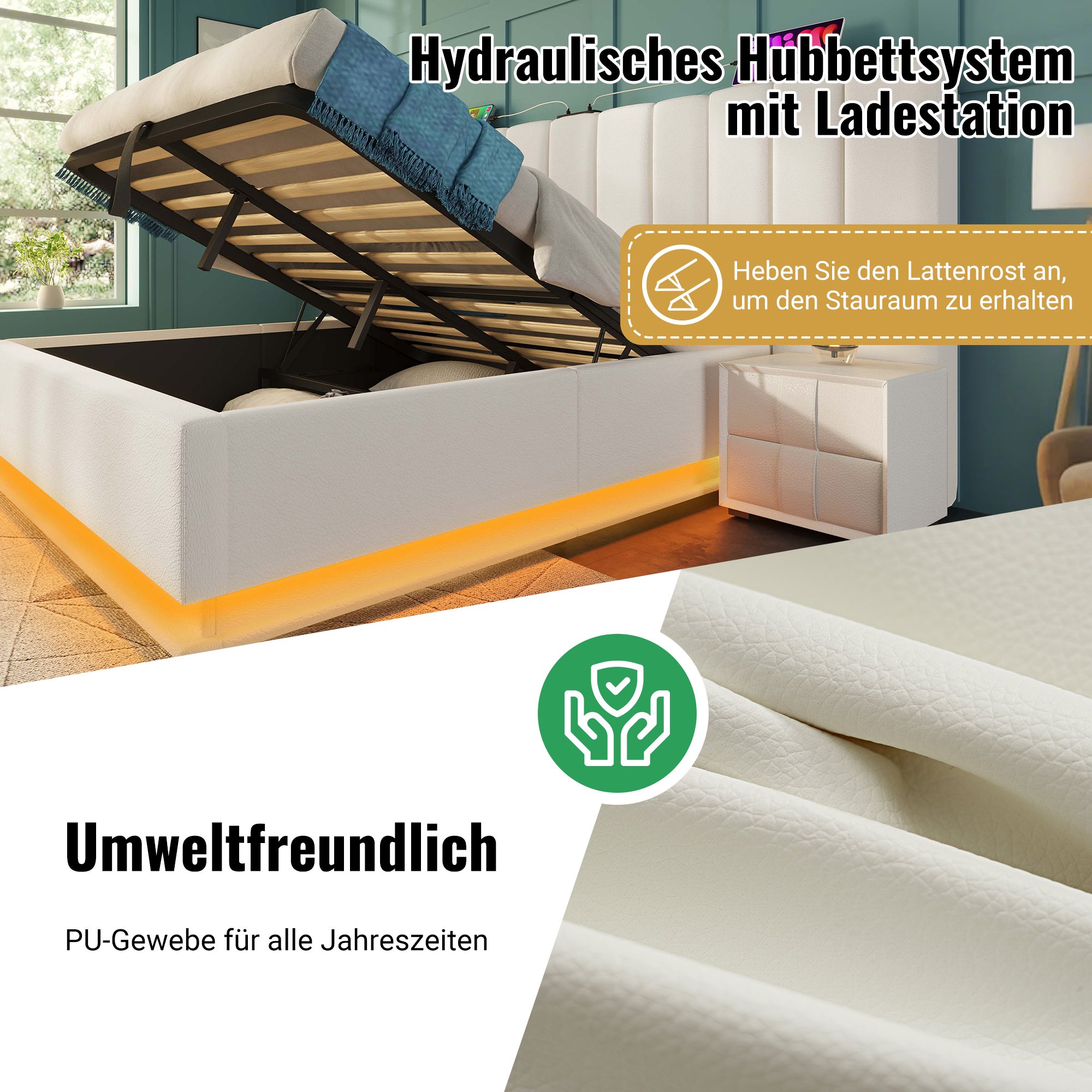 lit coffre 160x200 blanc avec LED, USB-C, rangement hydraulique et sommier à lattes