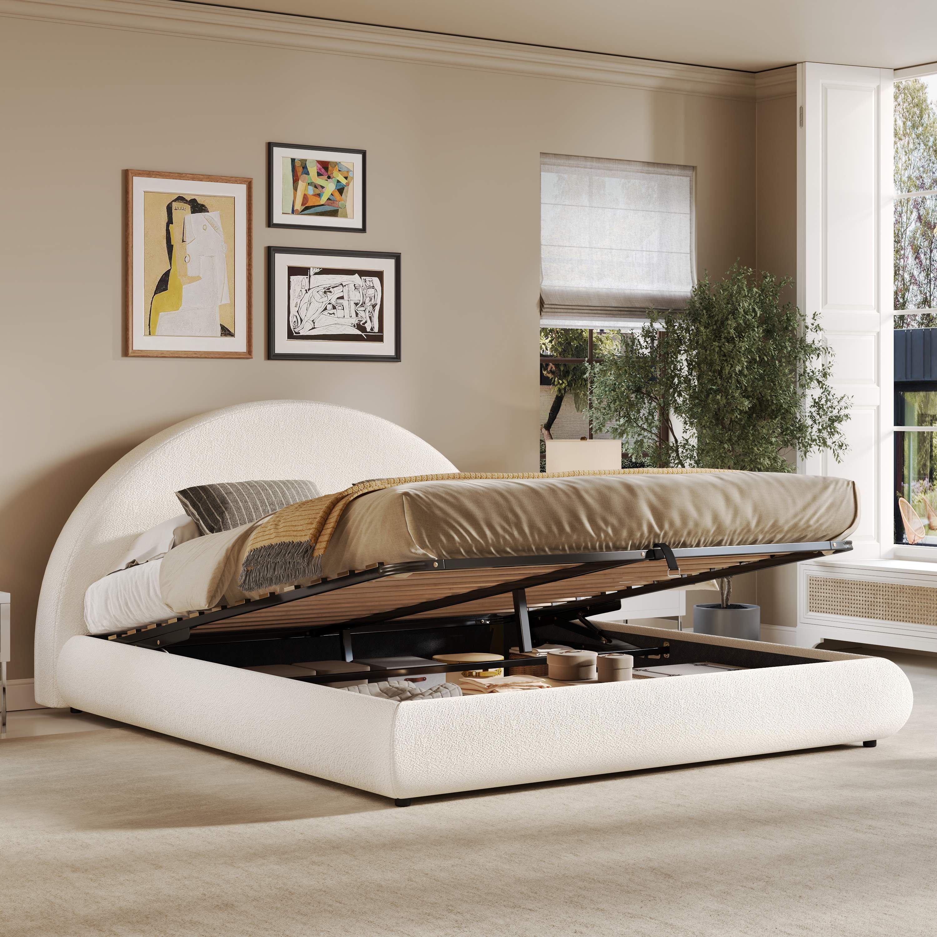Lit coffre double 180x200 blanc en tissu bouclé avec sommier à lattes et grand espace de rangement sous le lit
