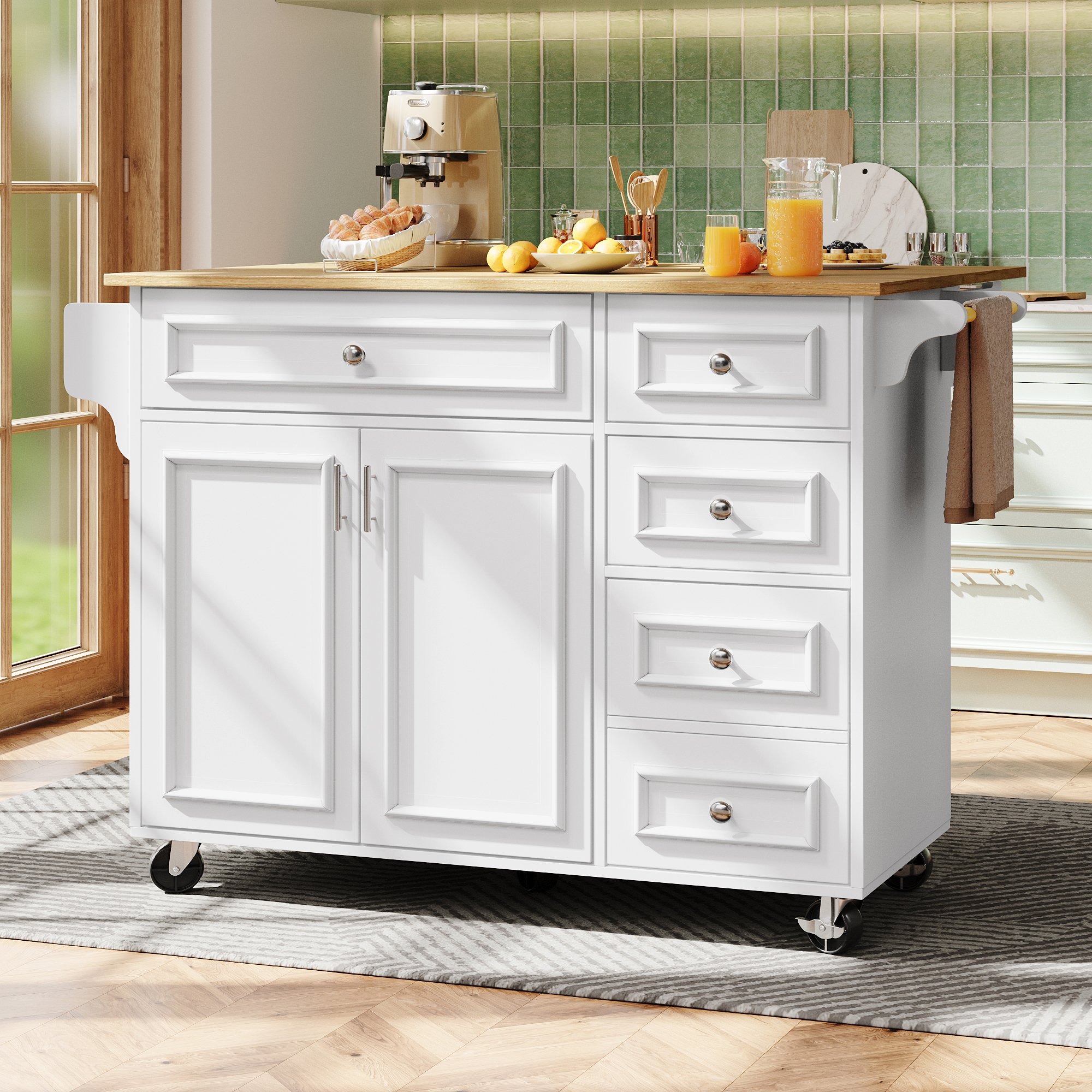 Îlot de cuisine blanc 110x75x92 cm avec rangement, table pliante, tiroirs et étagères, en Panneau composite de fibres de bois à densité et métal, style vintage