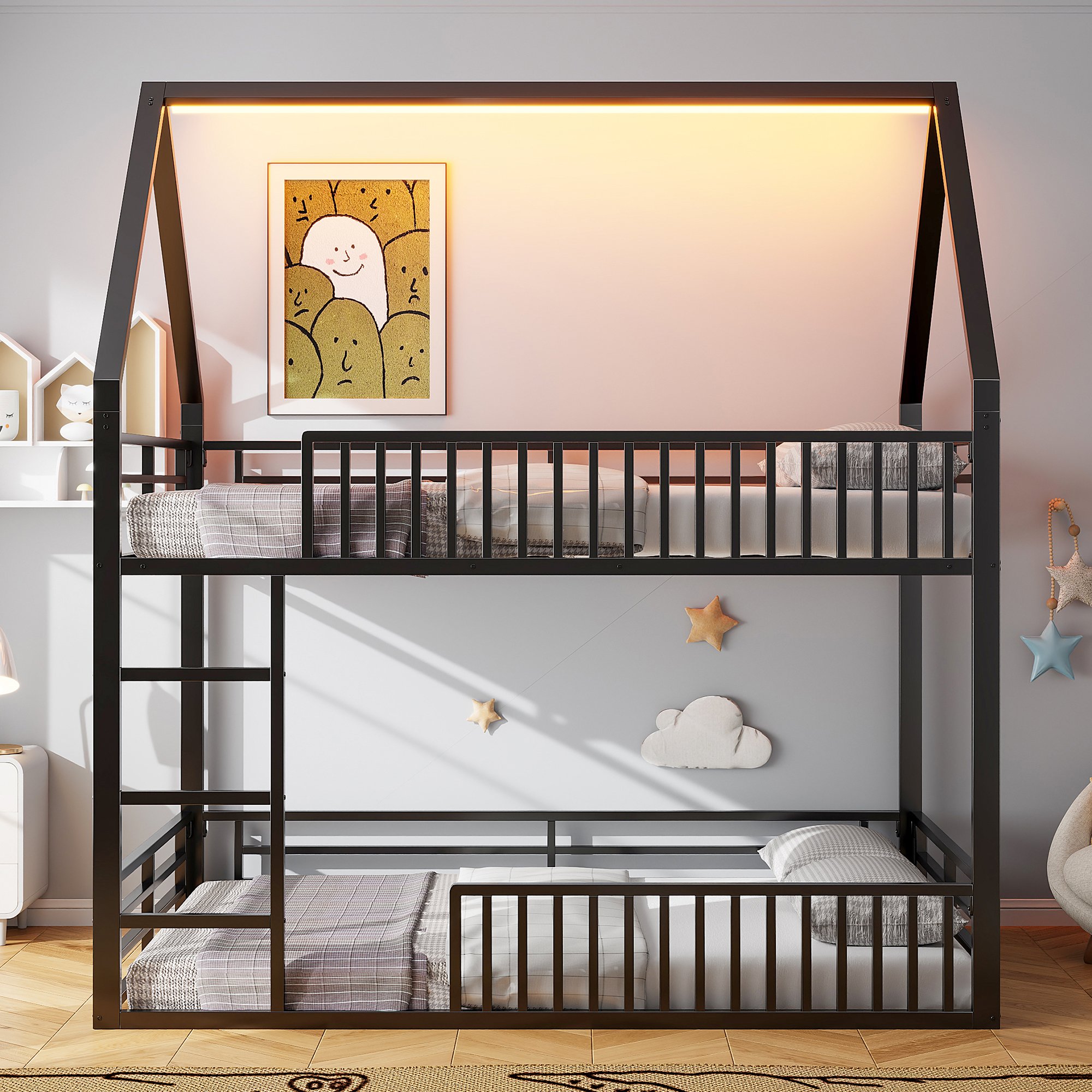 Lit superposé 140x200 en métal noir avec LED et garde-corps, lit maison pour enfant