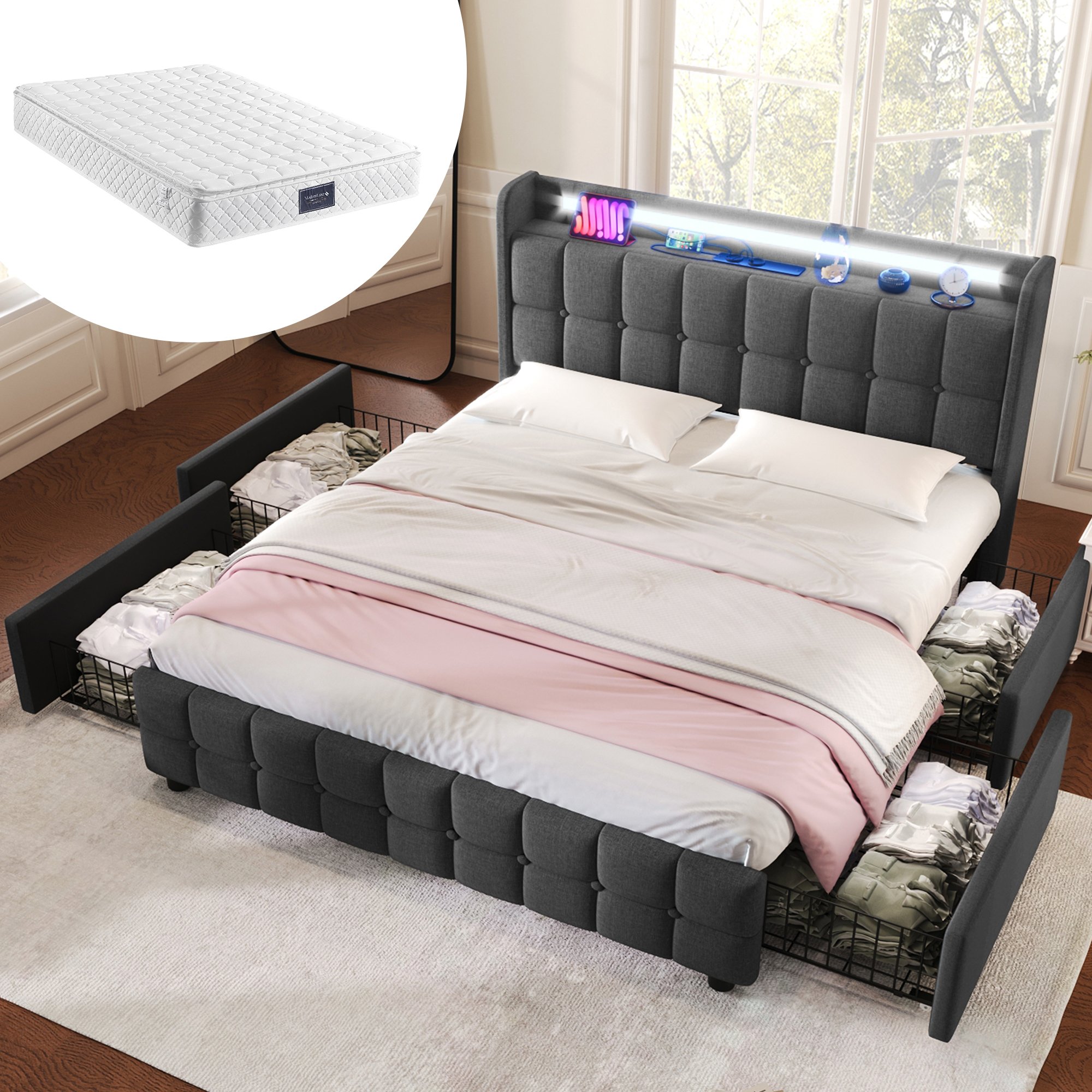 Lit coffre capitonné 140x200 avec matelas ressorts ensachés, LED, USB, 4 tiroirs
