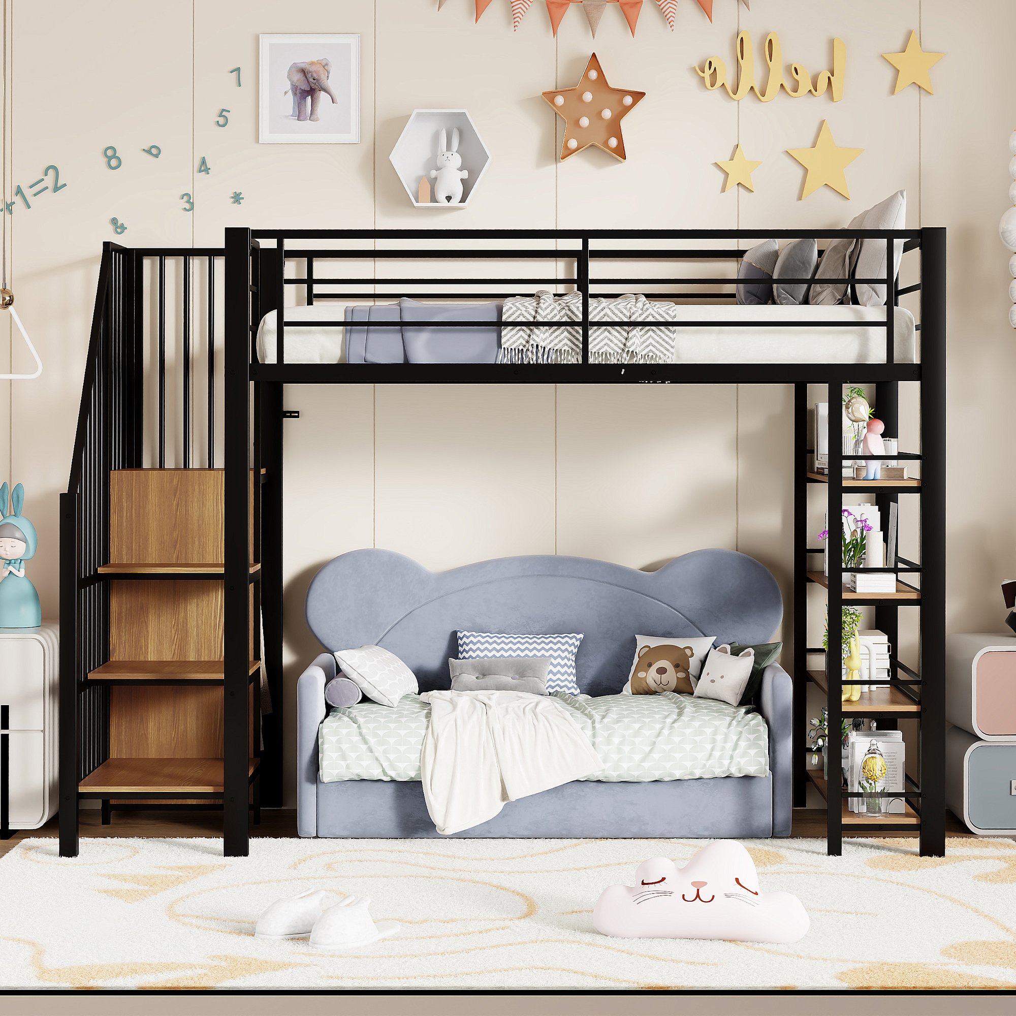 Lit mezzanine 90x200 cm en métal noir avec échelle, rangements et penderie pour enfant