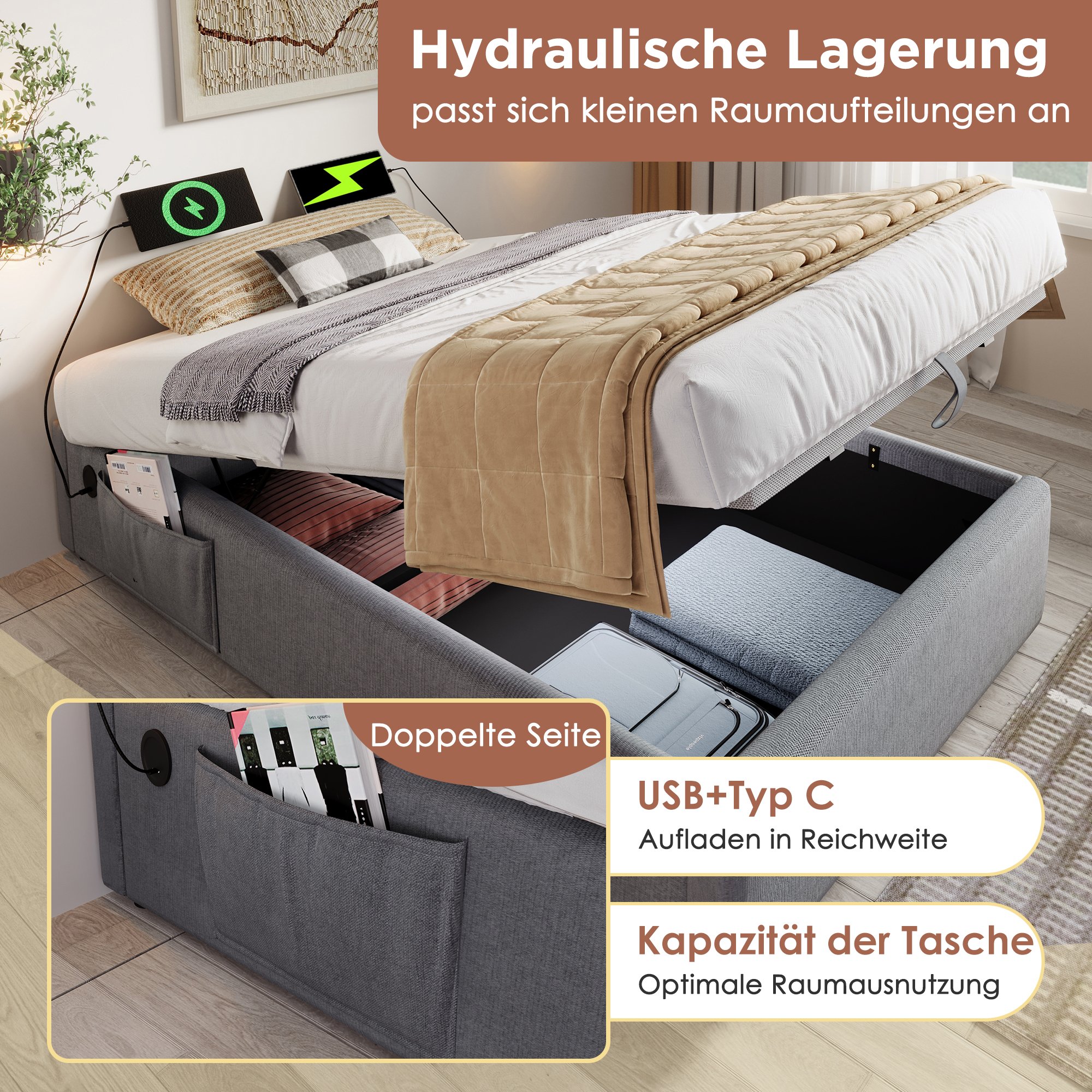 Lit coffre 90x200 avec LED et USB, sommier à lattes bois massif, rangement hydraulique gris, cadre de lit sans tête de lit
