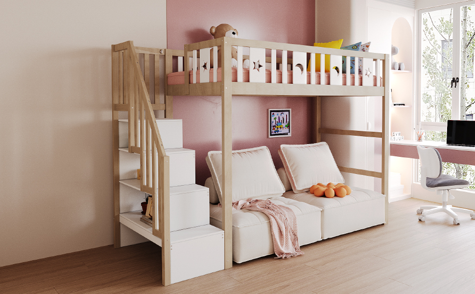 Lit mezzanine 90x200 en bois massif avec échelle, rangements et barrière de sécurité