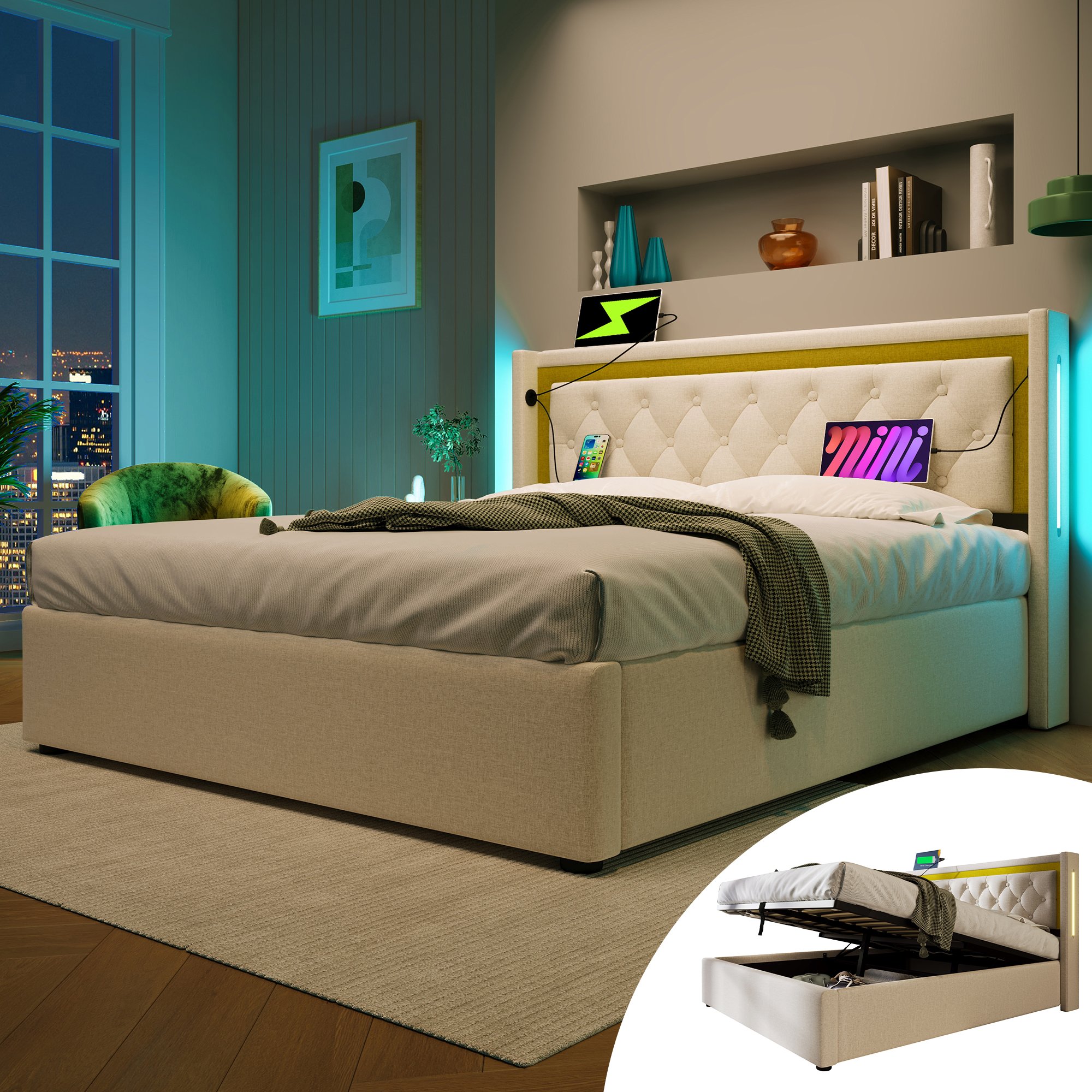 lit coffre 140x200 avec LED télécommande, USB Type-C et rangement hydraulique sous sommier à lattes beige