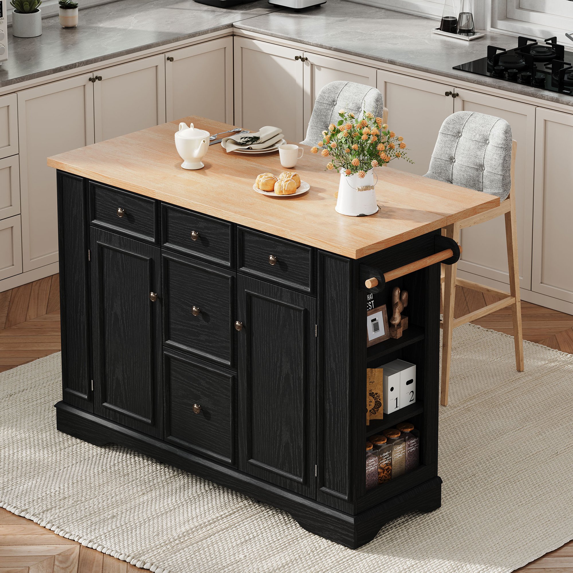 Îlot central noir avec rangement, plan de travail extensible, prises et USB, en Panneau composite de fibres de bois à densité, 130,5 x 40-65 x 92 cm, pour cuisine