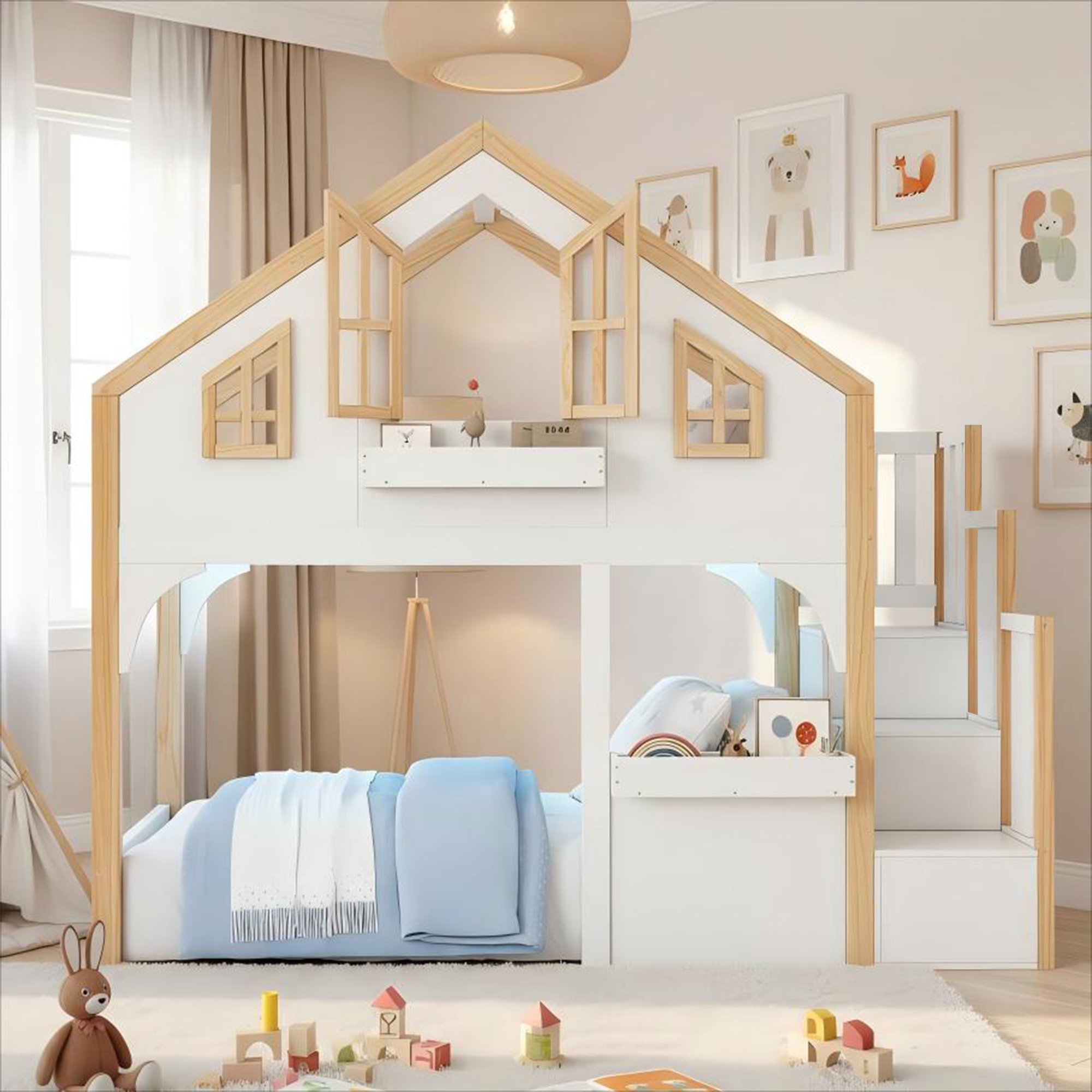 Lit superposé enfant 90x200 cm en bois de pin blanc avec escalier de rangement et bandeau LED intégré pour chambre d'enfant