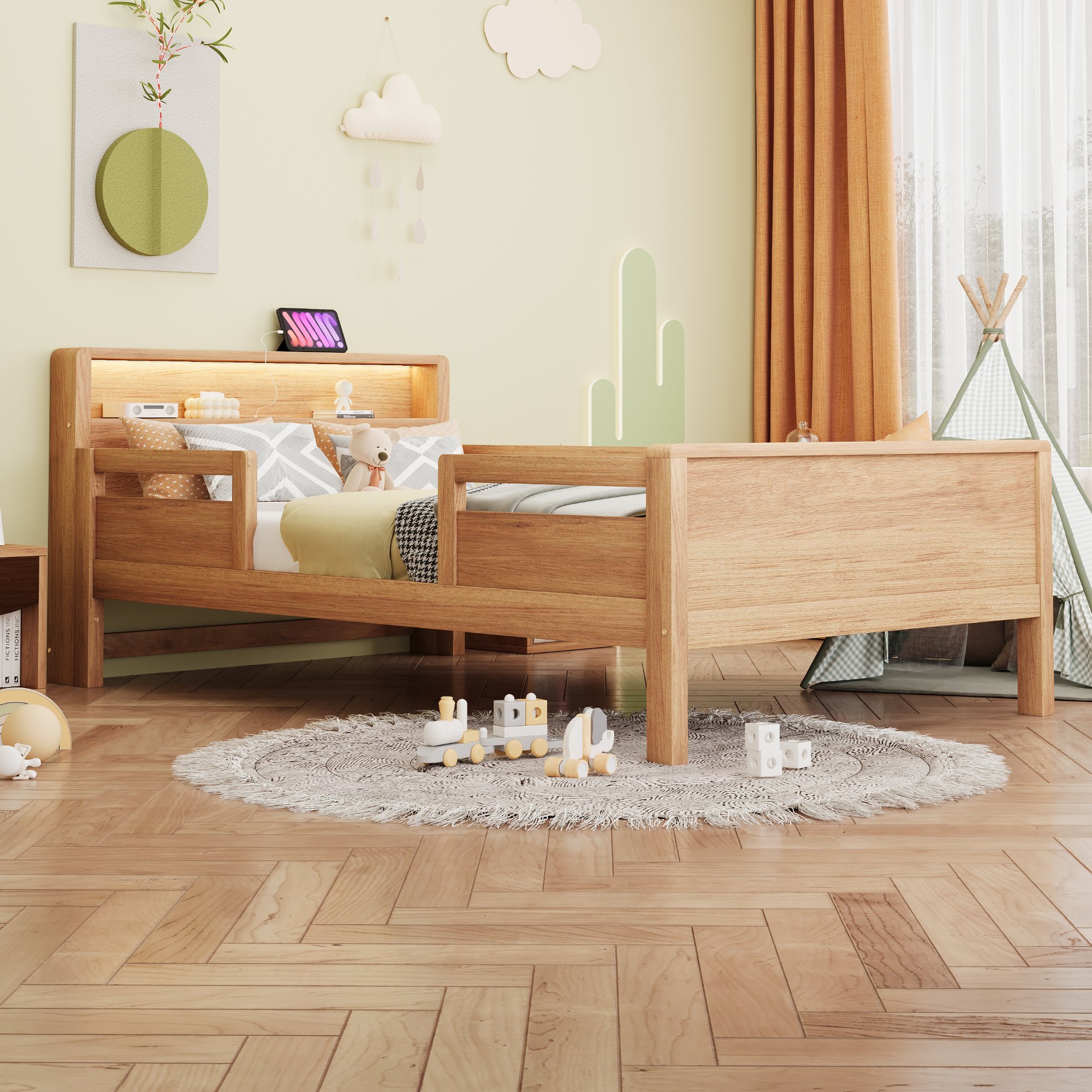 Lit enfant 90x200 en pin avec tête de lit rangement, LED et ports USB, barrière de sécurité