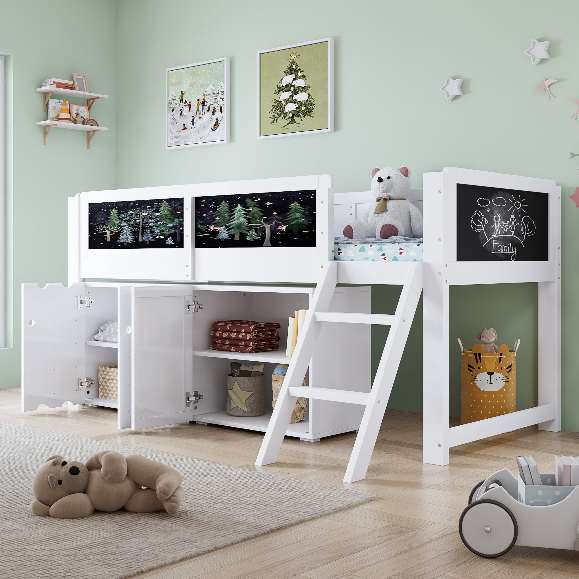 Lit mezzanine enfant avec rangement double porte et tableau d'écriture, 90x200 cm