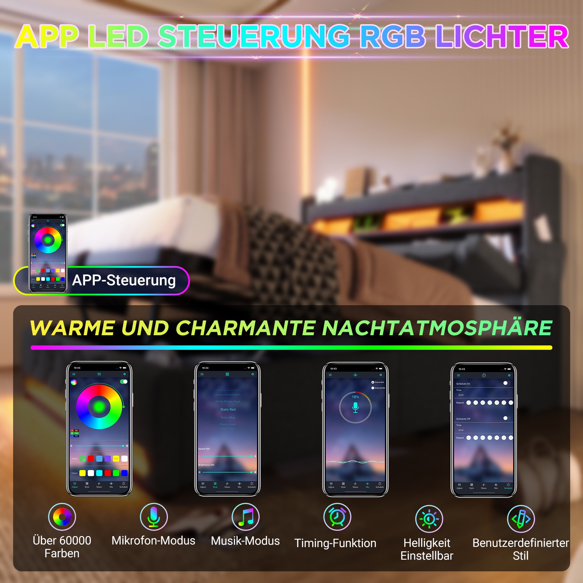 Lit coffre 160x200 gris avec LED RGB connectée, ports charge rapide USB/Type-C et espace de rangement multi-niveaux