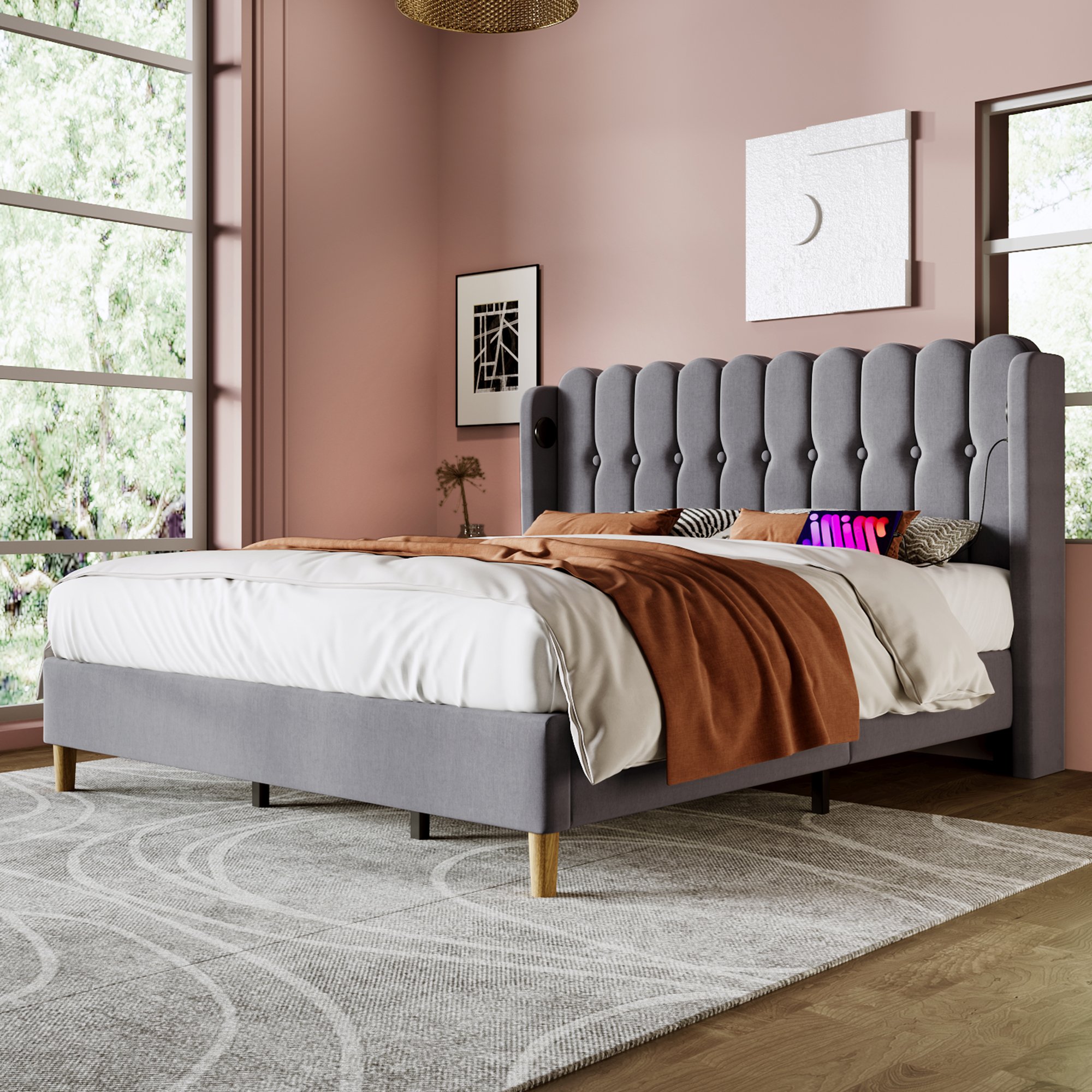 Lit double rembourré 180x200 gris avec sommier à lattes et chargeurs USB Type-C intégrés, assemblage facile