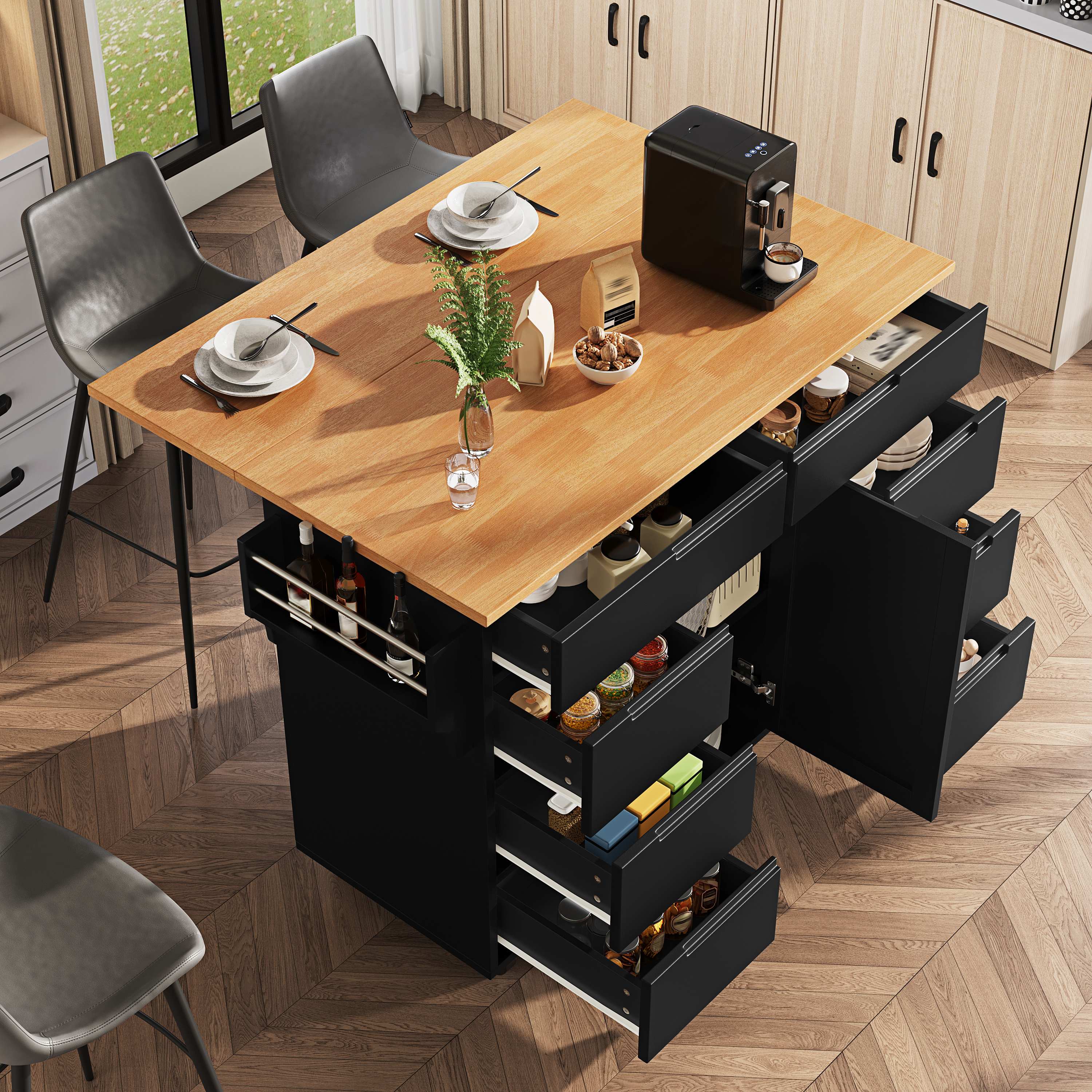 Îlot de cuisine extensible avec 8 tiroirs, roulettes et plan de travail, rangement pour épices, noir, 122x74,5x91,5 cm