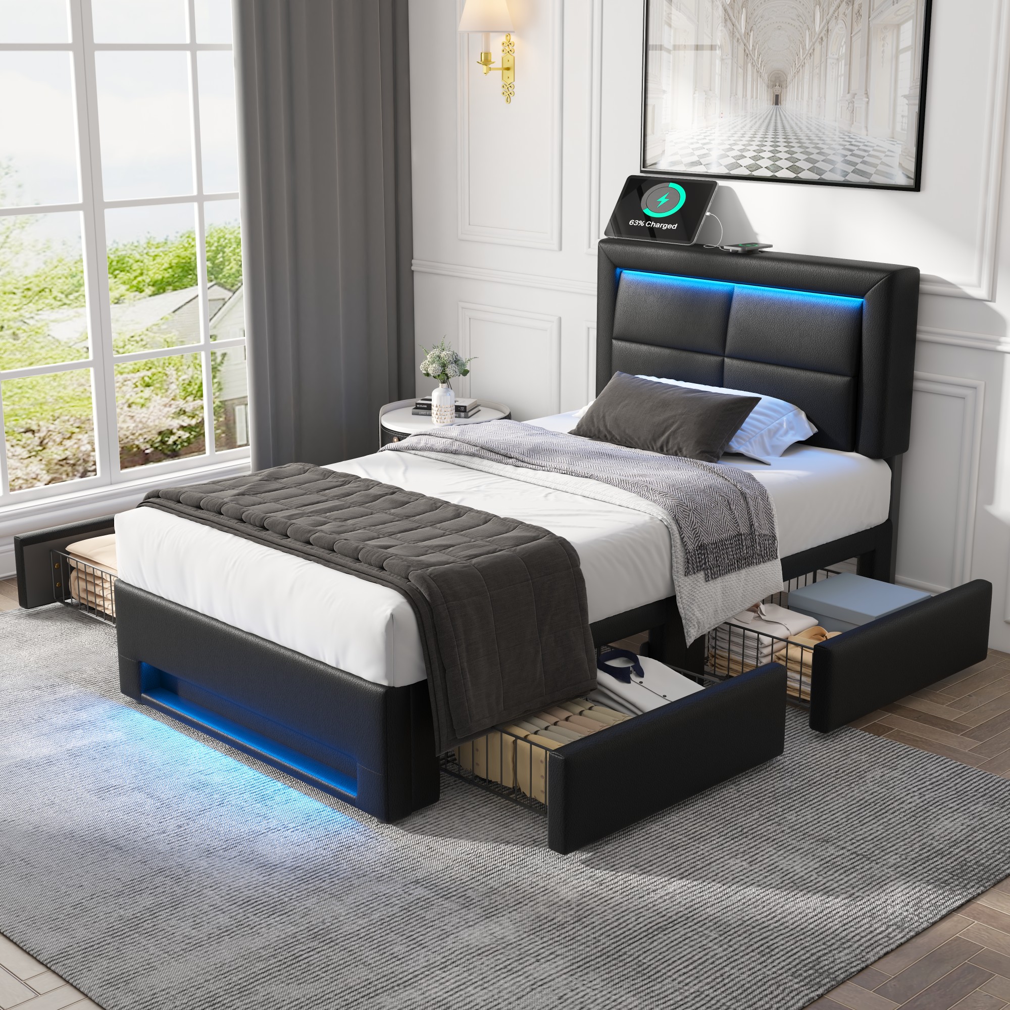 Lit rembourré 90x200 noir en PU motif litchi, cadre robuste avec sommier à lattes et quatre tiroirs de rangement