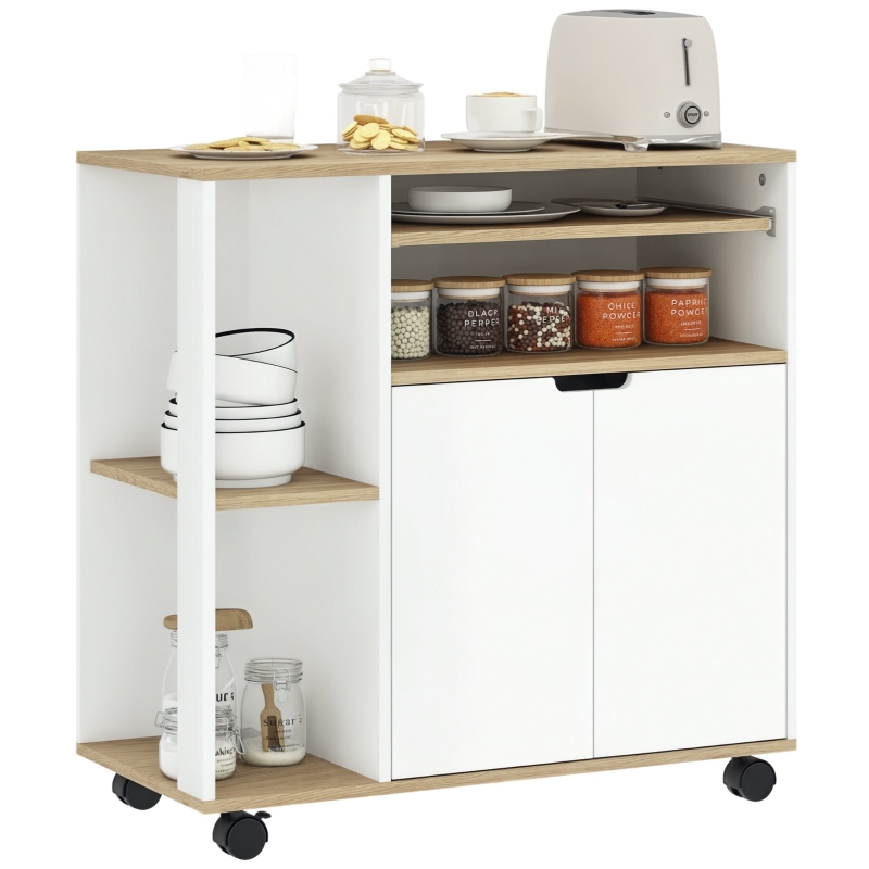 Îlot de cuisine 80x40x82 cm, blanc et bois, avec rangement, placard, étagères et plan de travail, sur roulettes
