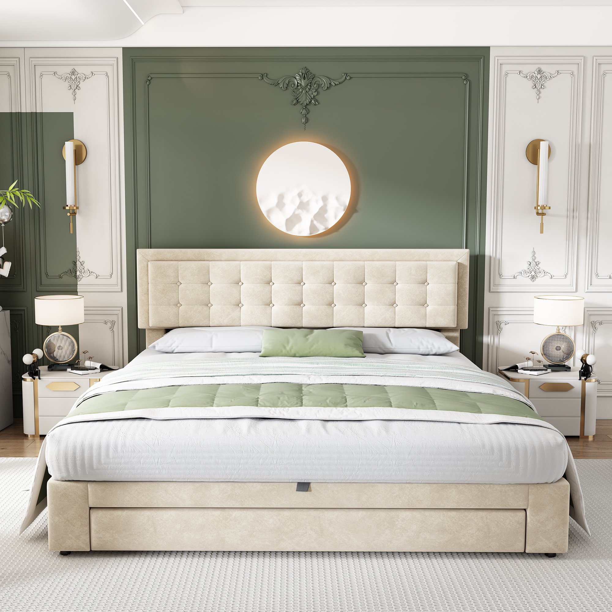 Lit coffre 180x200 cm pour deux personnes, charge max 300 kg, revêtement velours doux, sommier à lattes et rangements multiples