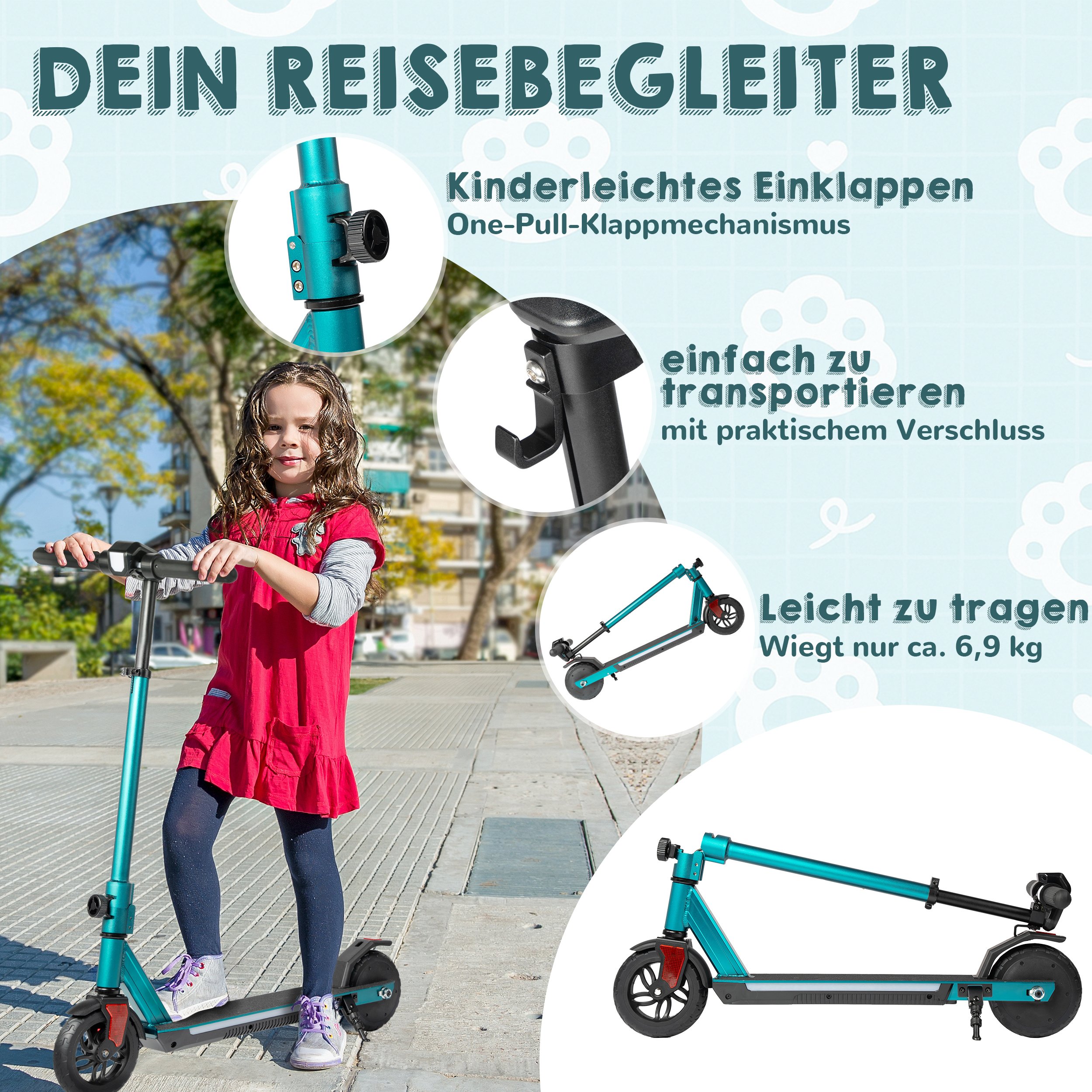 Trottinette enfant en aluminium vert, cadre pliable, hauteur réglable, roues 6,5 pouces, pour enfants dès 10 ans