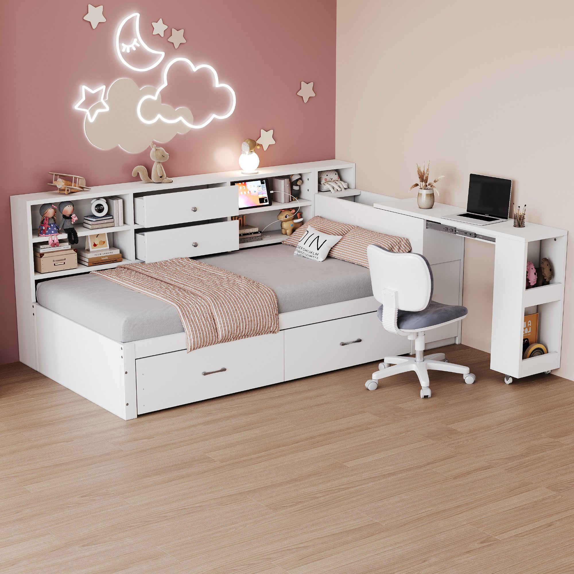 Lit coffre simple 90x200 avec tiroirs, blanc, en bois, avec bureau escamotable et prises USB