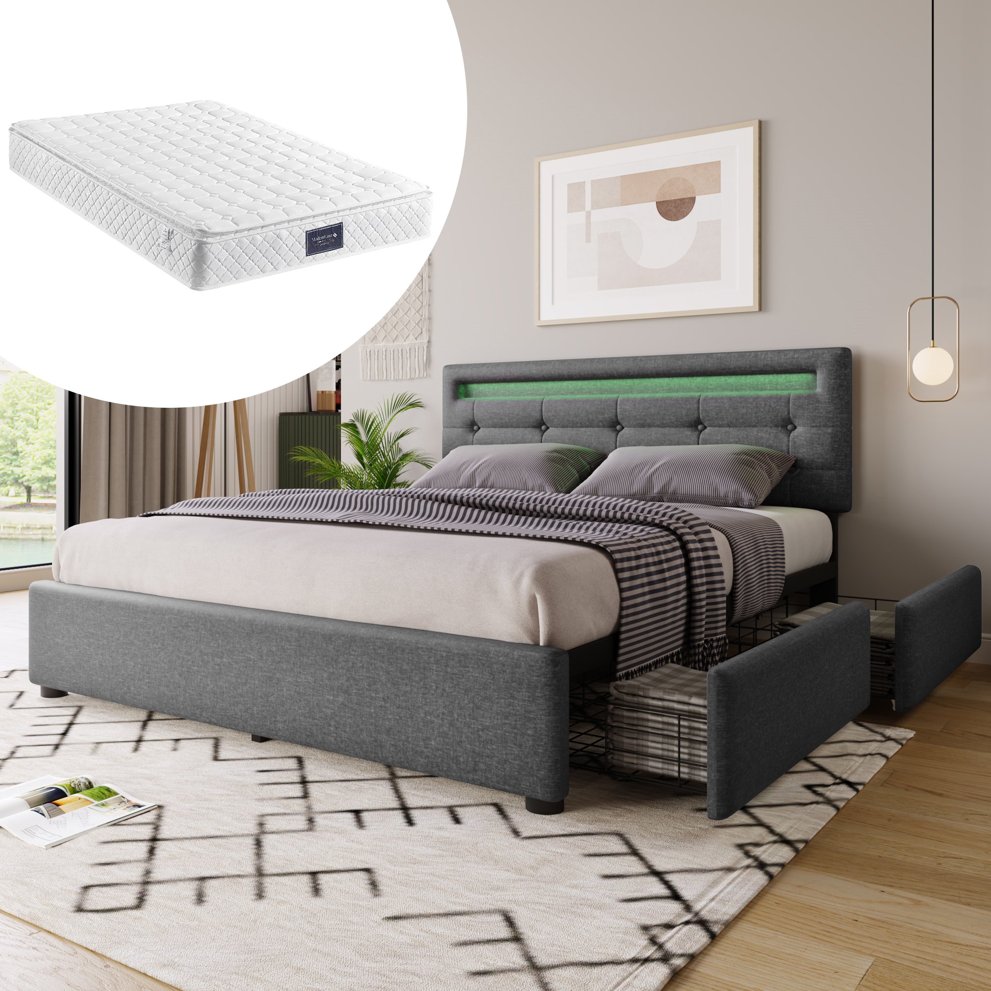 Lit double rembourré 140x200 avec LED et matelas ressorts, sommier à lattes, 4 tiroirs gris et tête de lit réglable