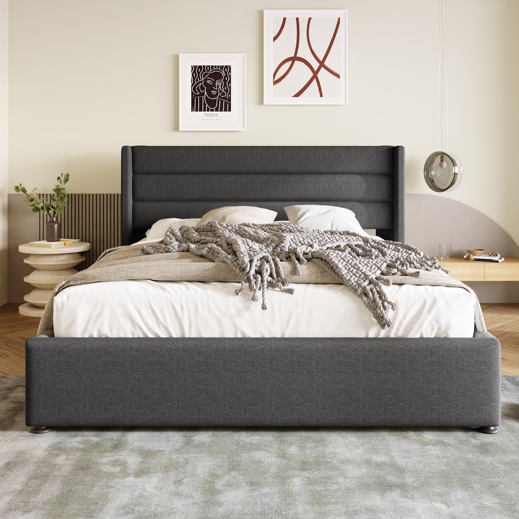 lit coffre double 160x200 gris avec tête de lit rembourrée en tissu lin et rangement hydraulique sous le sommier à lattes