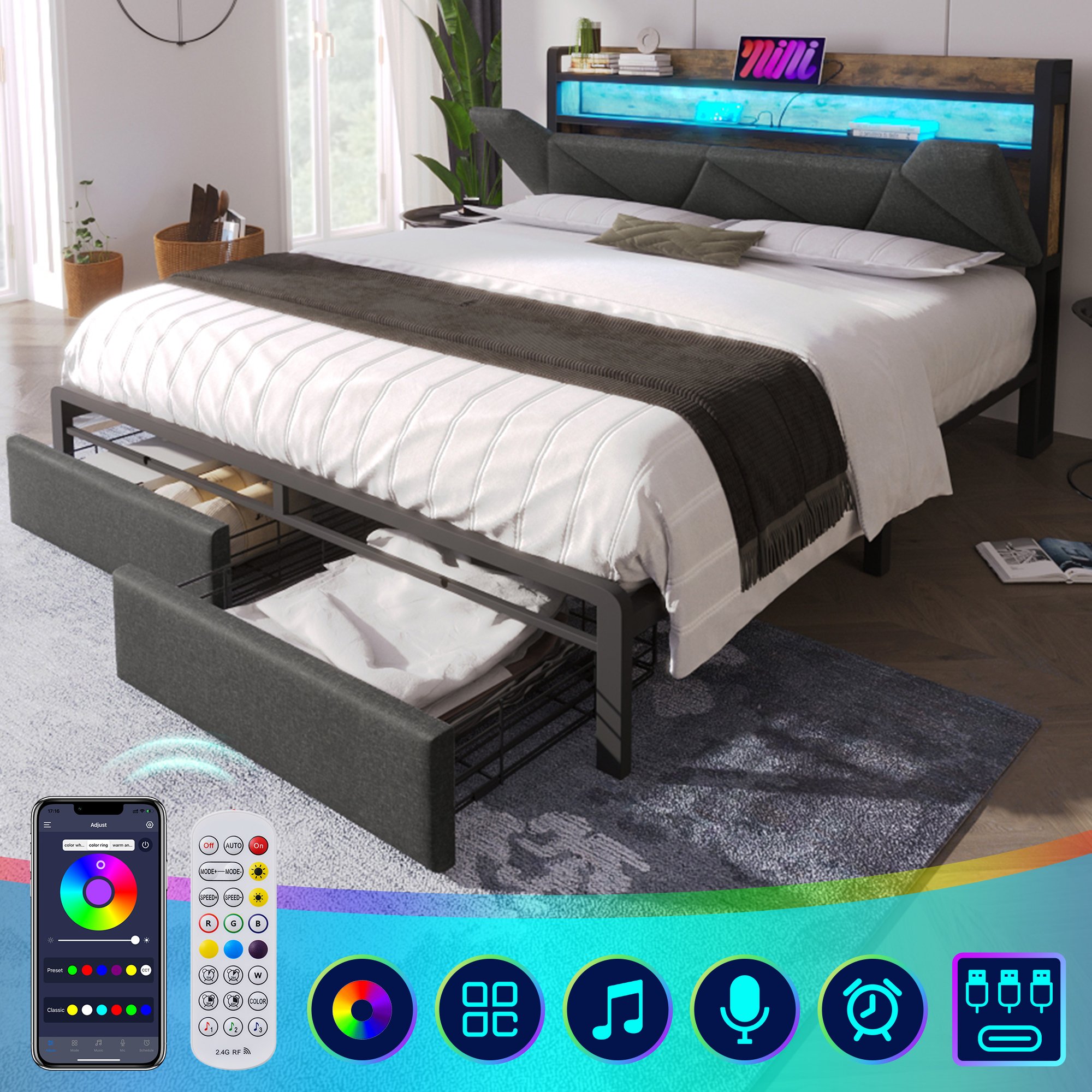 lit coffre 140x200 gris en tissu lin avec rangement, LED, USB Type-C et sommier à lattes