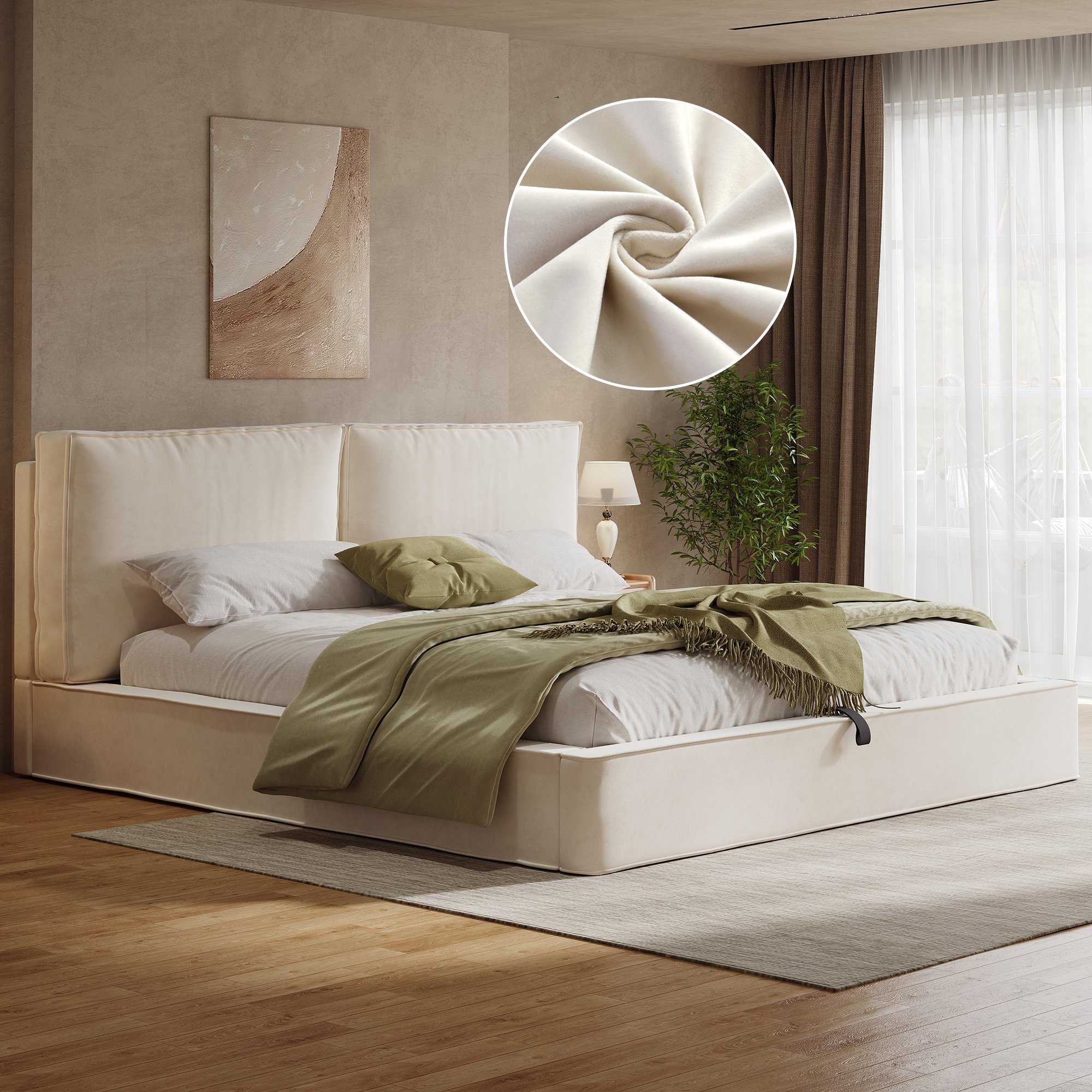 Lit coffre 180x200 cm en velours beige, dimensions totales 231x196x105 cm, capacité 300 kg, sans matelas, rangement hydraulique