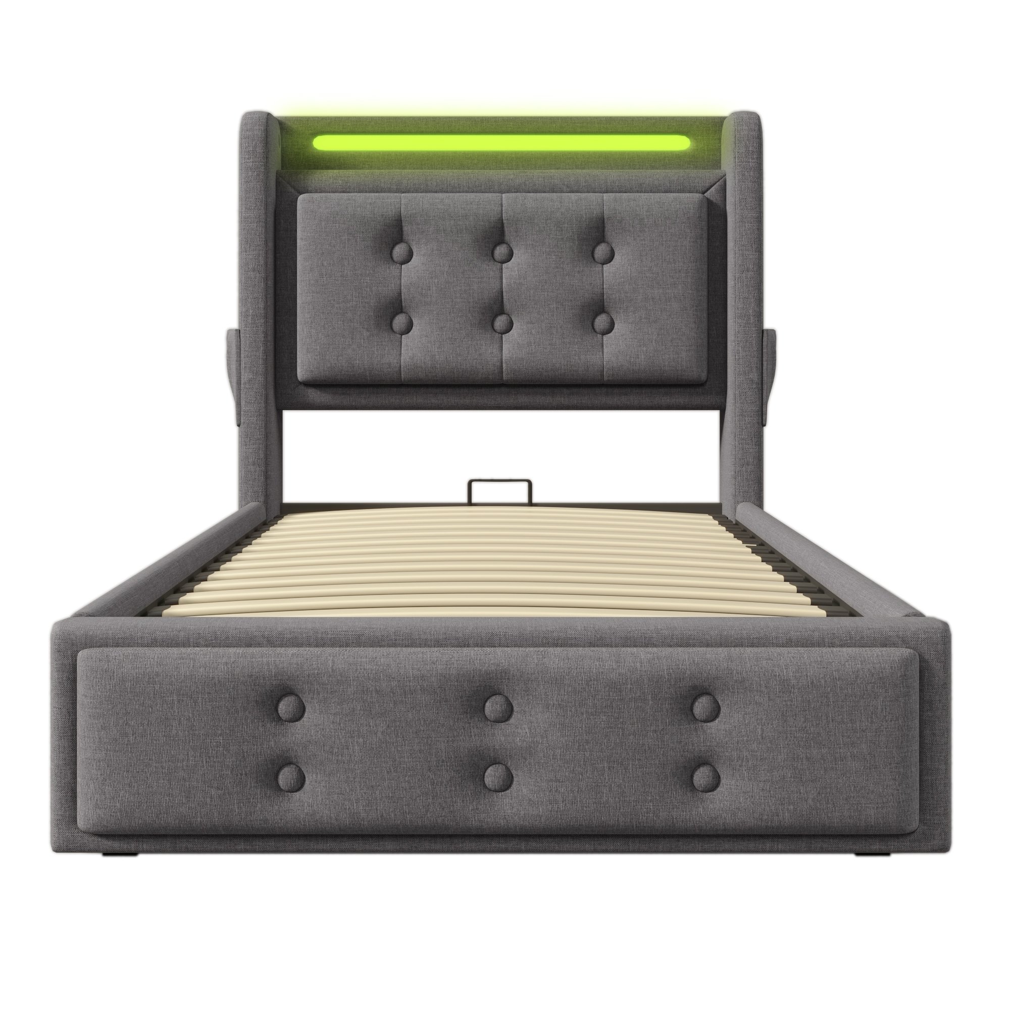 lit coffre 90x200 avec LED, rangement hydraulique gris, tête de lit rembourrée avec USB Type-C et sommier à lattes