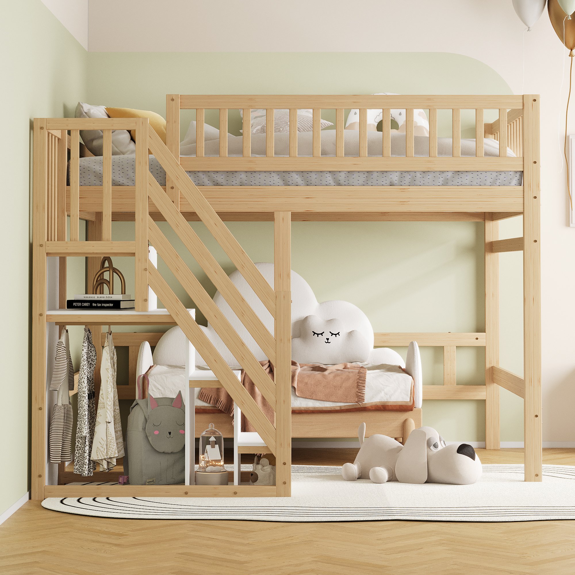 Lit enfant en bois massif 140x200 avec échelle et rangement, barrière de sécurité, couleur bois naturel