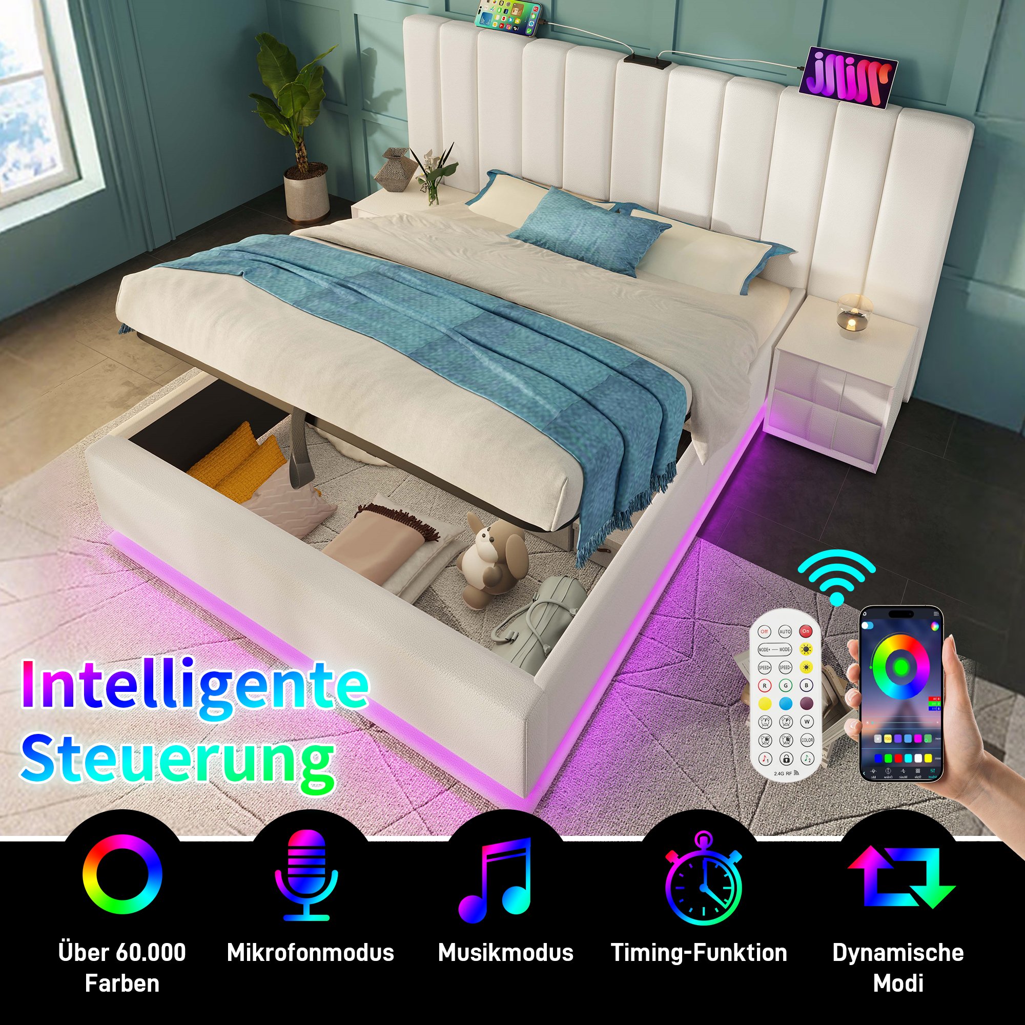 lit coffre 160x200 blanc avec LED, USB-C, rangement hydraulique et sommier à lattes