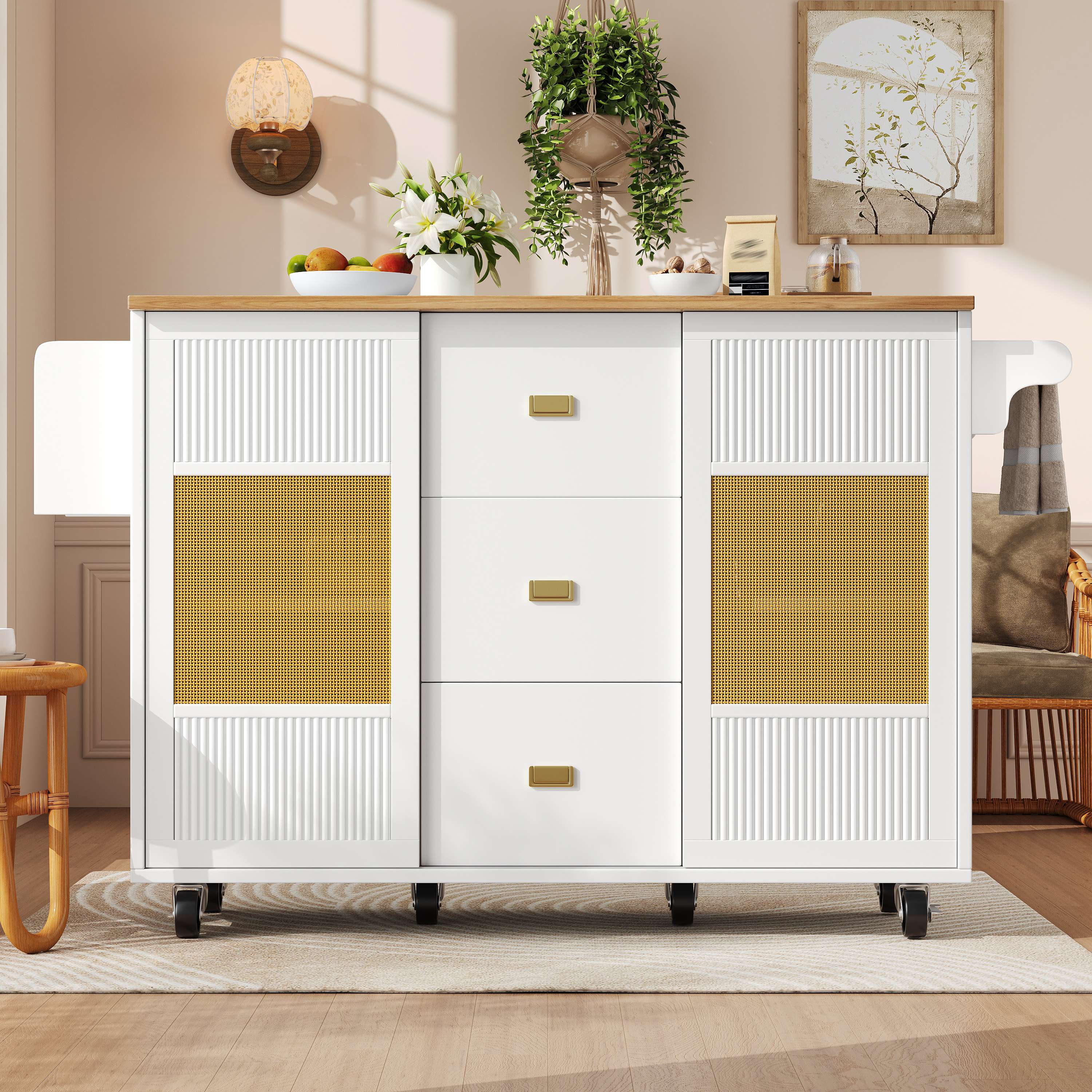 Îlot de cuisine blanc sur roulettes avec rangement, table rabattable et porte-épices, 146x70x90 cm, Panneau composite de fibres de bois à densité et métal
