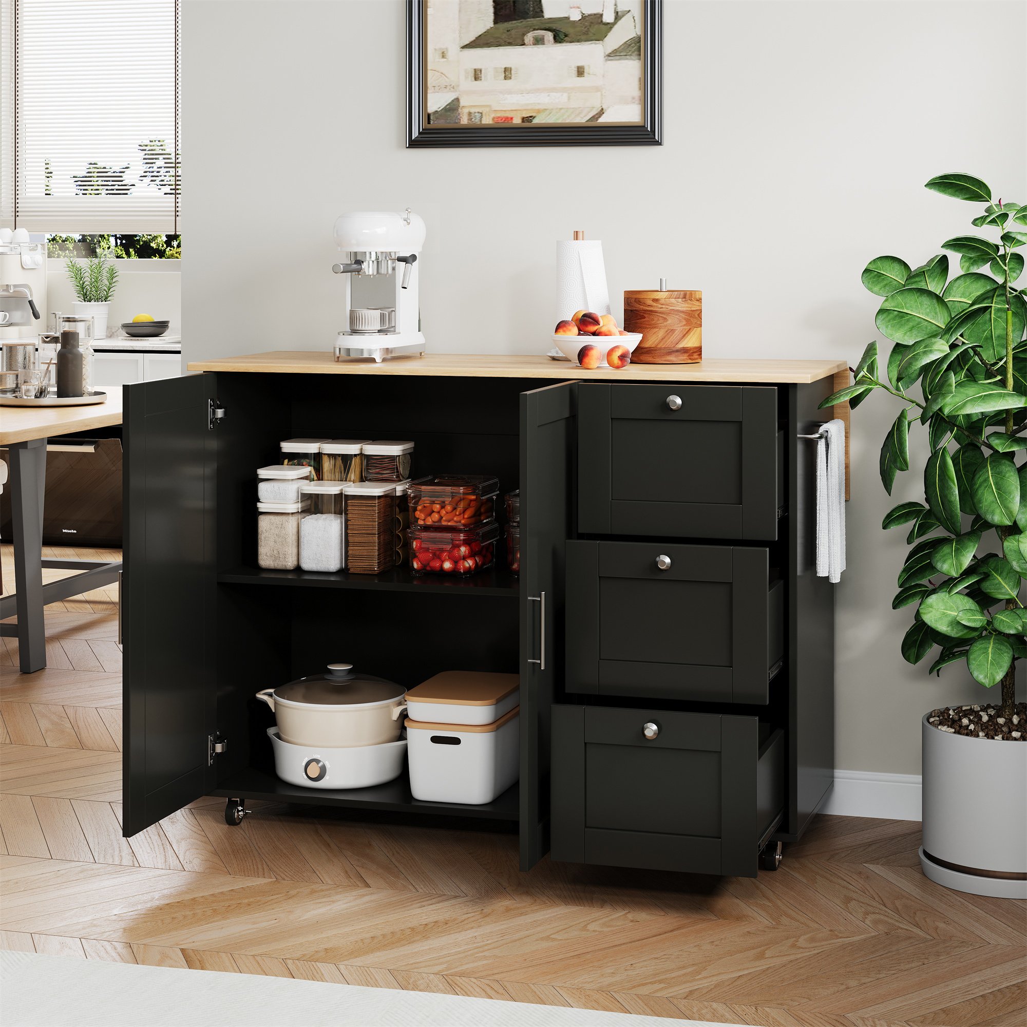 Îlot de cuisine mobile 135x44(70)x90 cm en bois de chêne avec rangement, 3 tiroirs, porte-serviettes, sur roulettes, noir et naturel