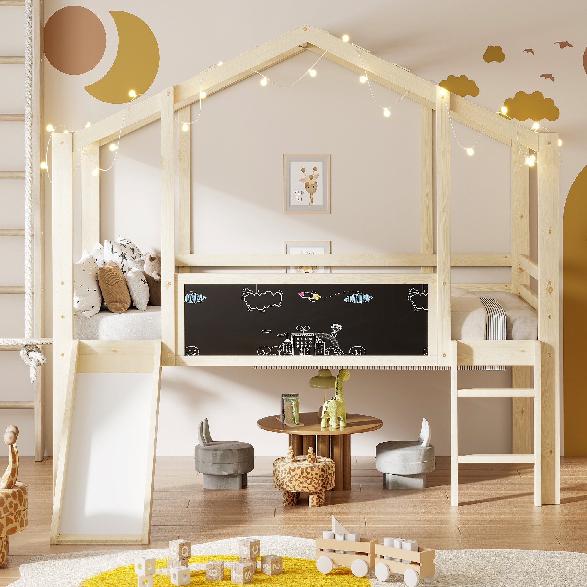 Lit mezzanine enfant 90x200 en bois massif avec toboggan, tableau ardoise et échelle