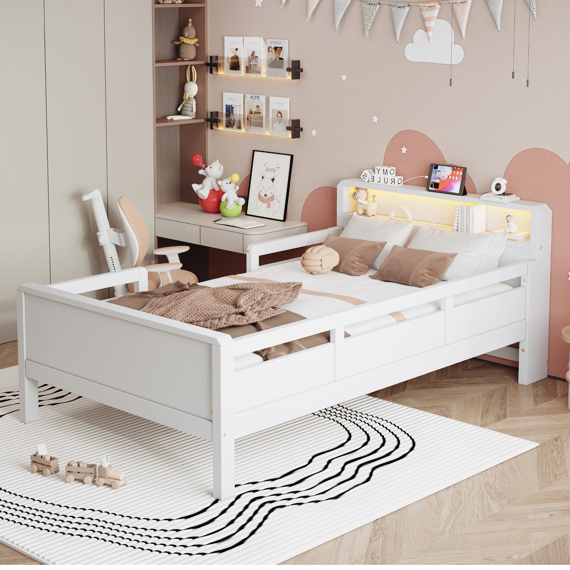 Lit enfant avec LED et chargeur USB, rangement au chevet, barrière de sécurité, 90x200 en pin