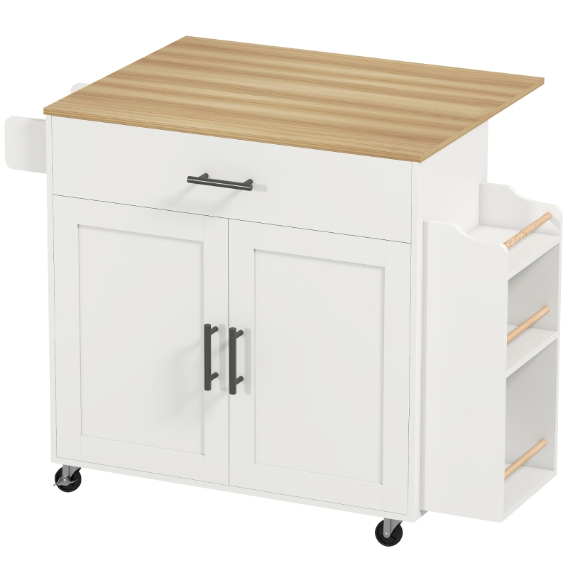 Îlot de cuisine 120x68x85 cm, blanc, avec plan de travail rabattable, rangement, tiroir et placard, sur roulettes