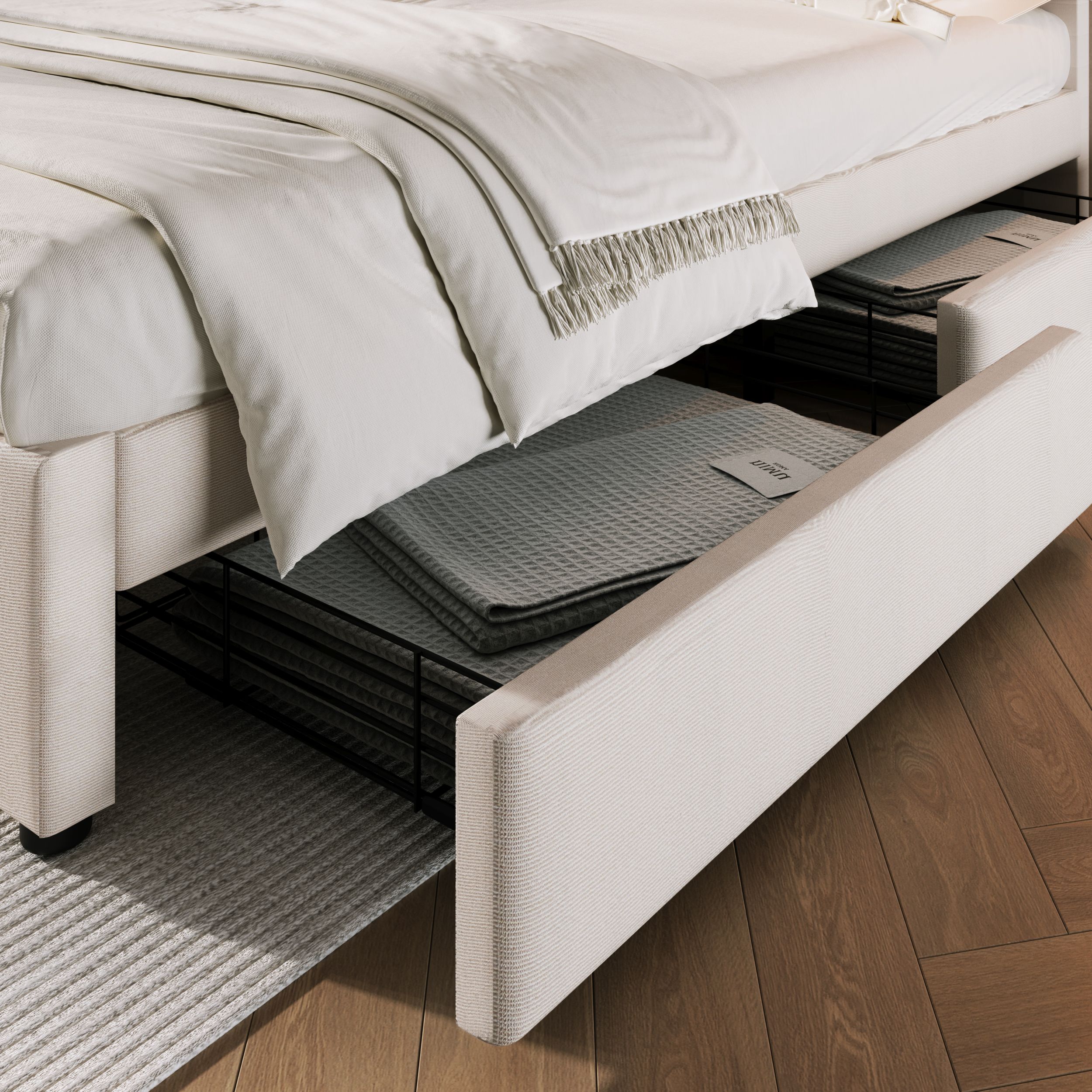 lit rembourré 140x200 beige avec sommier à lattes, 4 tiroirs, tête de lit réglable et ports USB Type-C