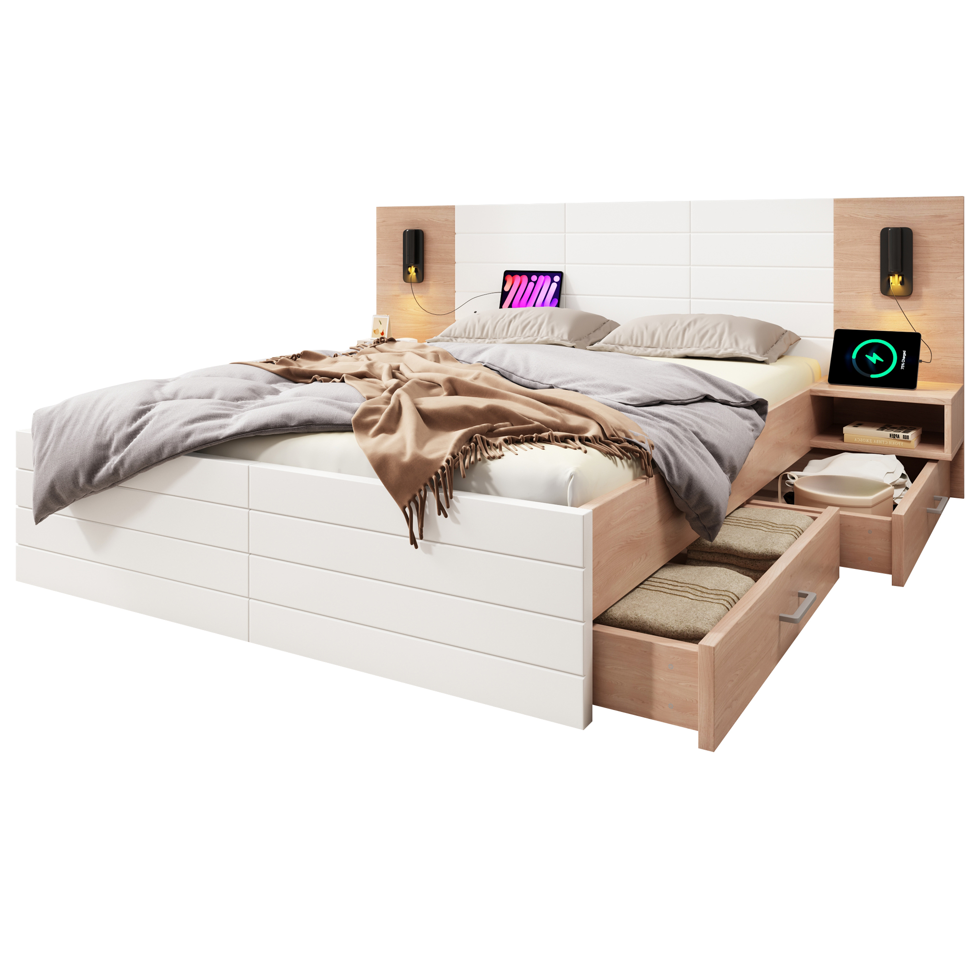 Lit double 140x200 avec LED et USB, lit coffre en bois chêne/blanc, sommier à lattes, 2 tiroirs