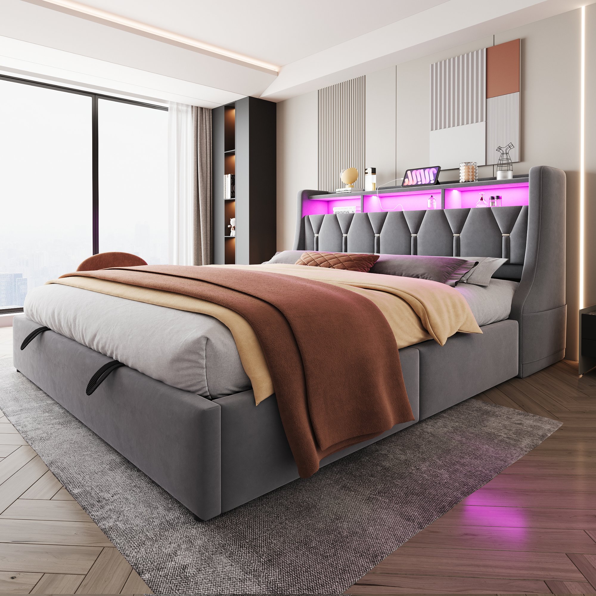 Lit coffre 180x200 en velours gris, structure en contreplaqué et Panneau composite de fibres de bois à densité, avec sommier à lattes et rangement