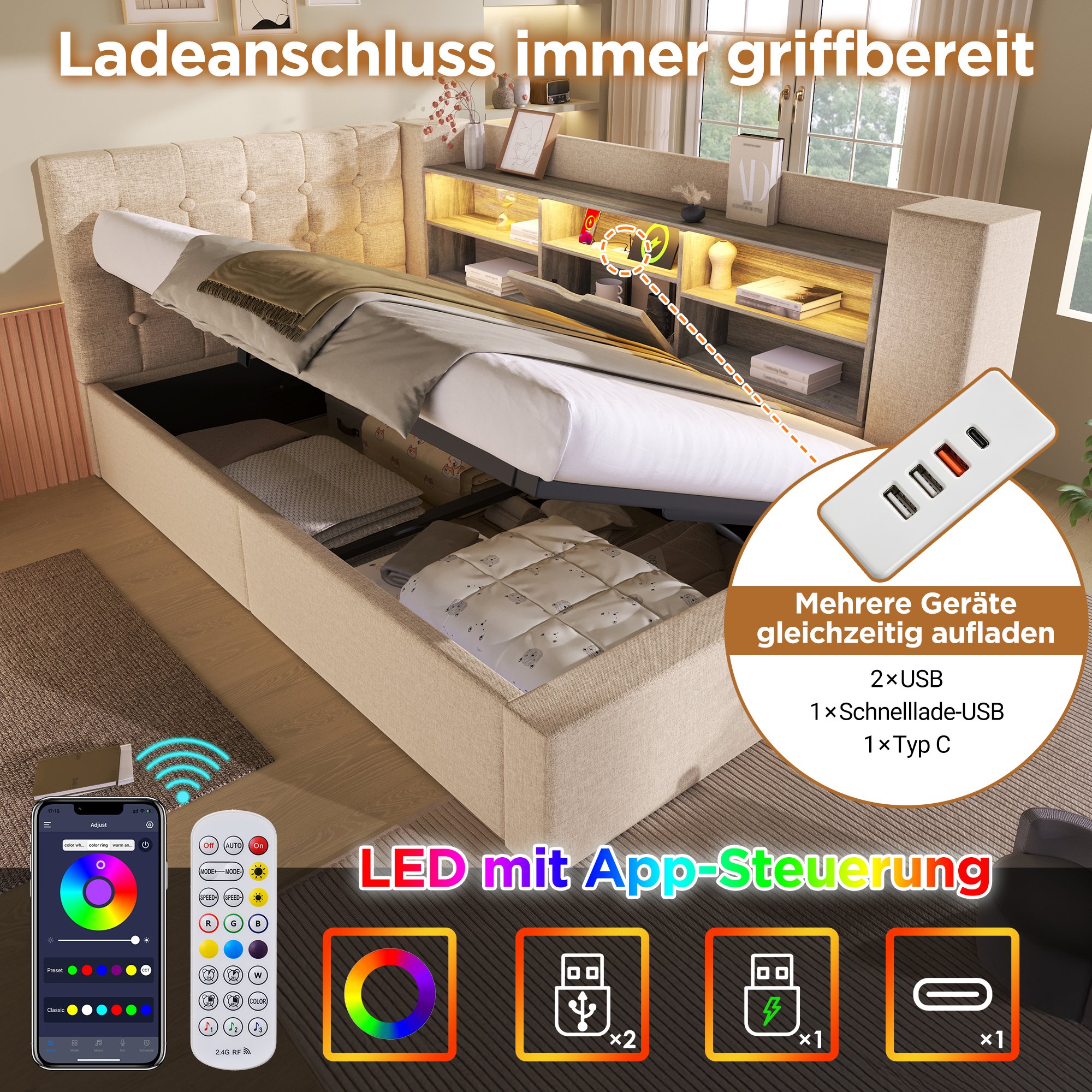 lit coffre 90x200 beige avec matelas, rangement hydraulique, led usb et sommier à lattes