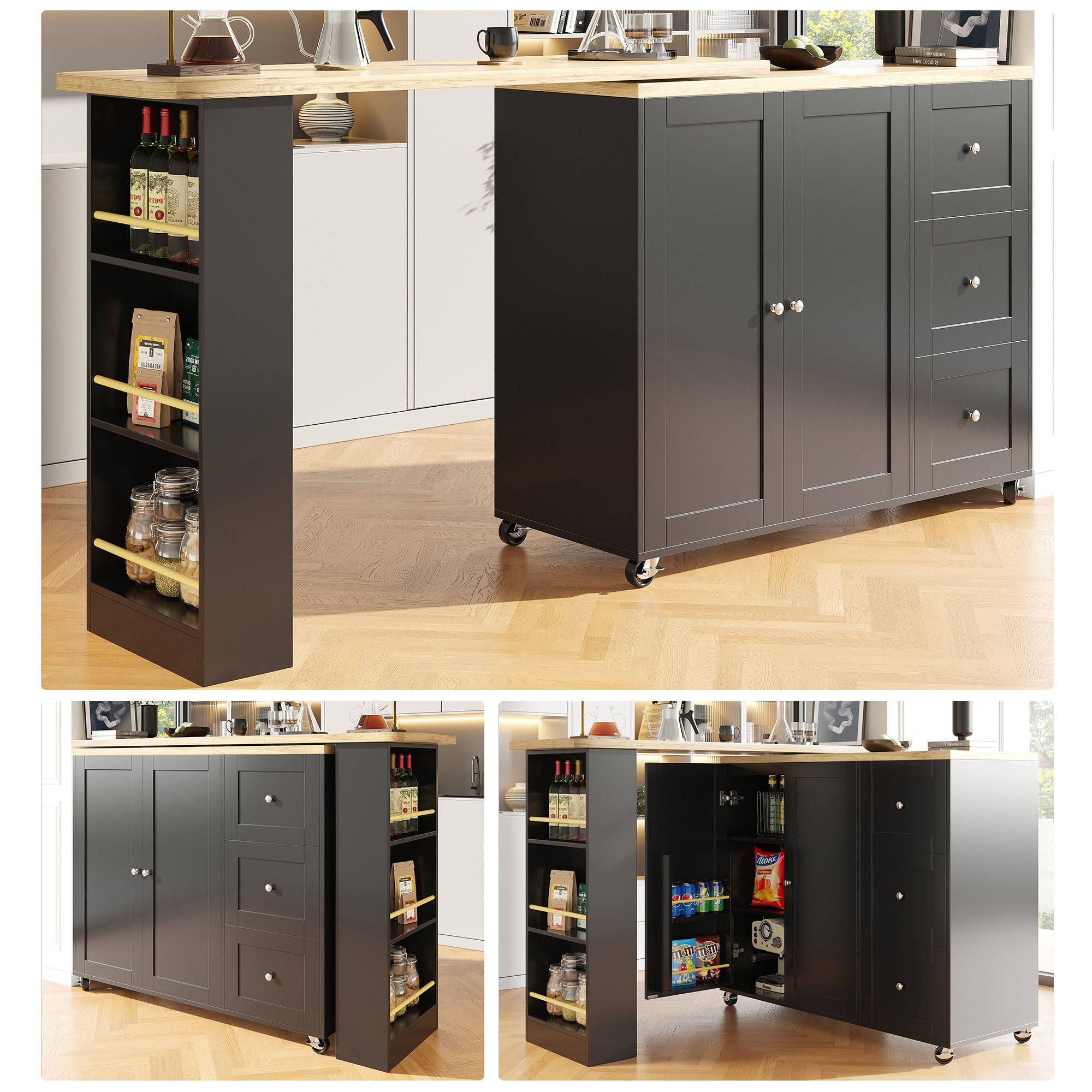 Îlot de cuisine noir sur roulettes avec rangement, extensible 360°, 3 tiroirs et étagère à snacks, 135-203 x 39 x 106 cm