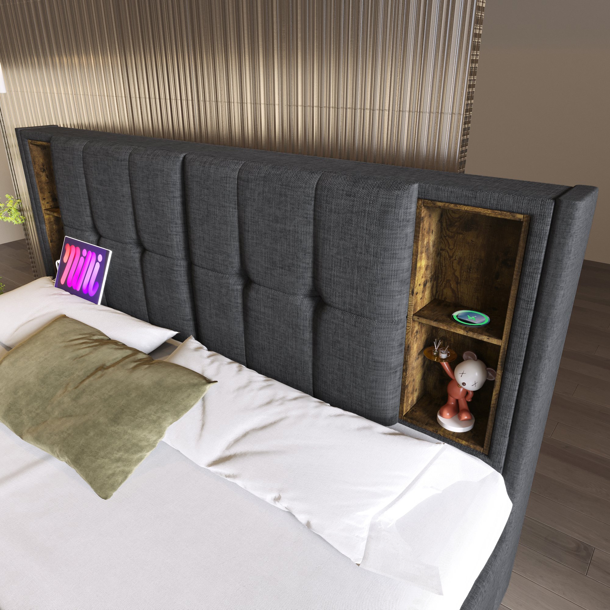 Lit coffre 160x200 avec sommier et matelas, gris, tissu lin, 4 tiroirs, chargeur sans fil USB