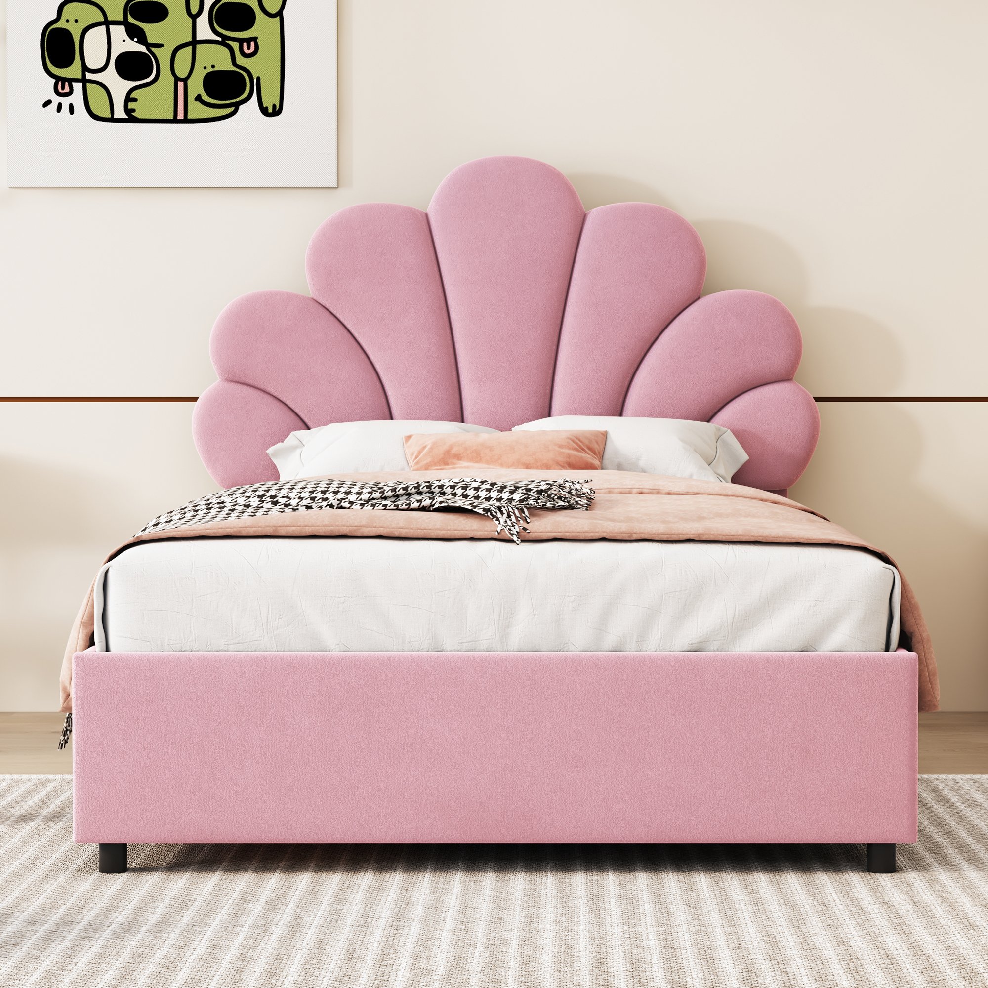 Lit coffre 90x200 en velours rose avec tête de lit fleurie et rangement hydraulique