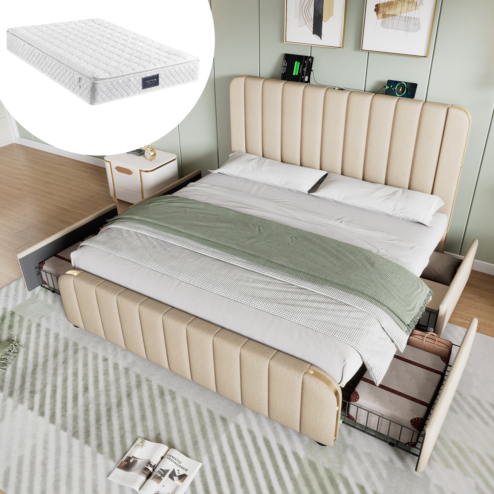 lit coffre 140x200 revêtu de lin beige avec cadre métallique robuste et tête de lit rembourrée