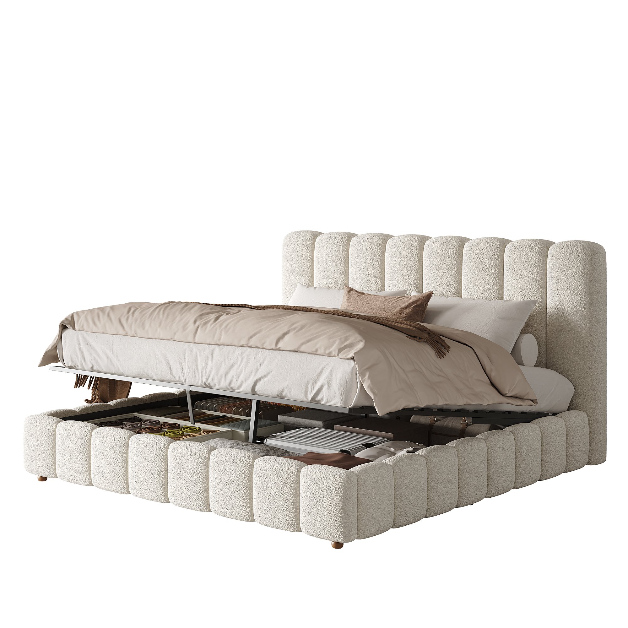 Lit coffre double 160x200 blanc bouclé, design minimaliste vertical, ouverture facile par vérins hydrauliques grande capacité