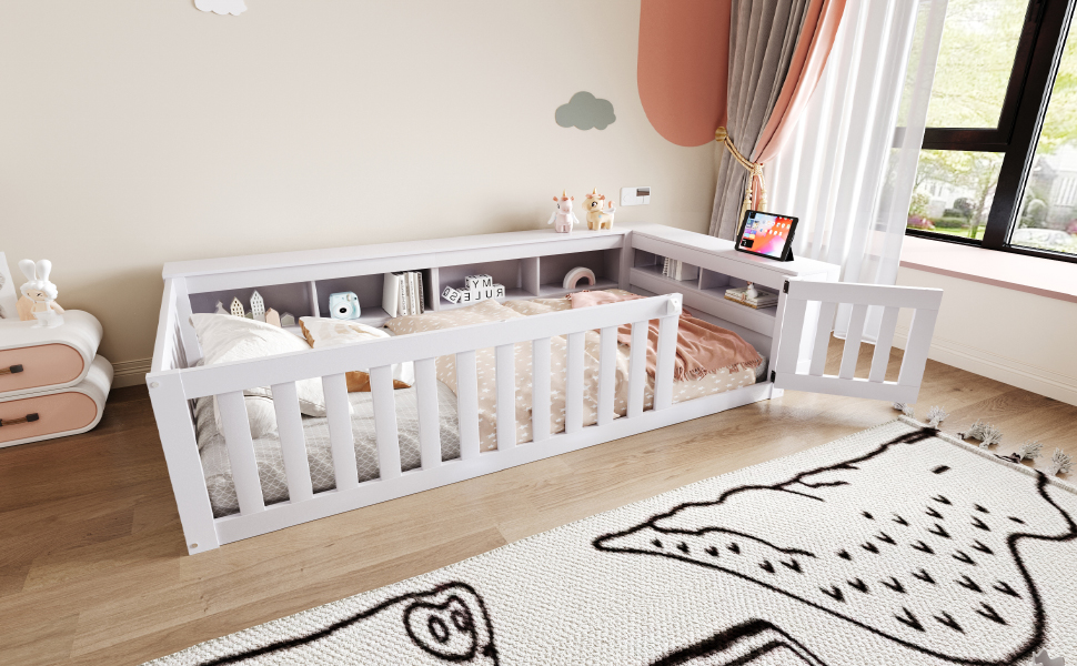 Lit enfant avec rangement, 90x200, en bois massif blanc, barrière de sécurité et sommier à lattes