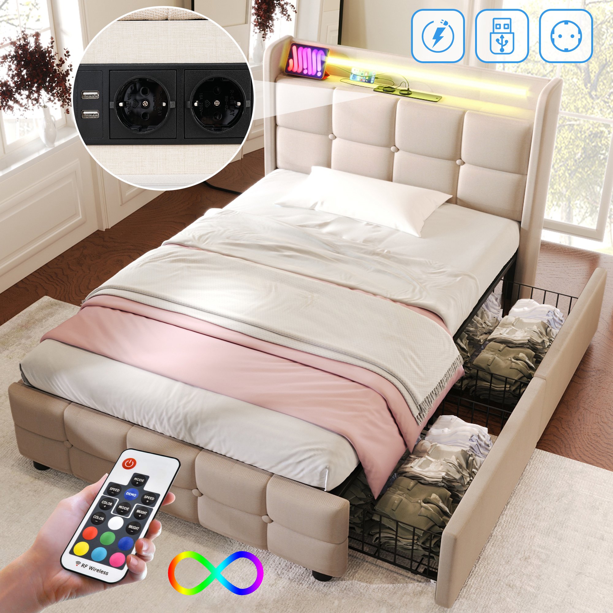 Lit coffre 90x200 avec LED et USB, cadre de lit beige capitonné avec sommier à lattes et 2 grands tiroirs de stockage