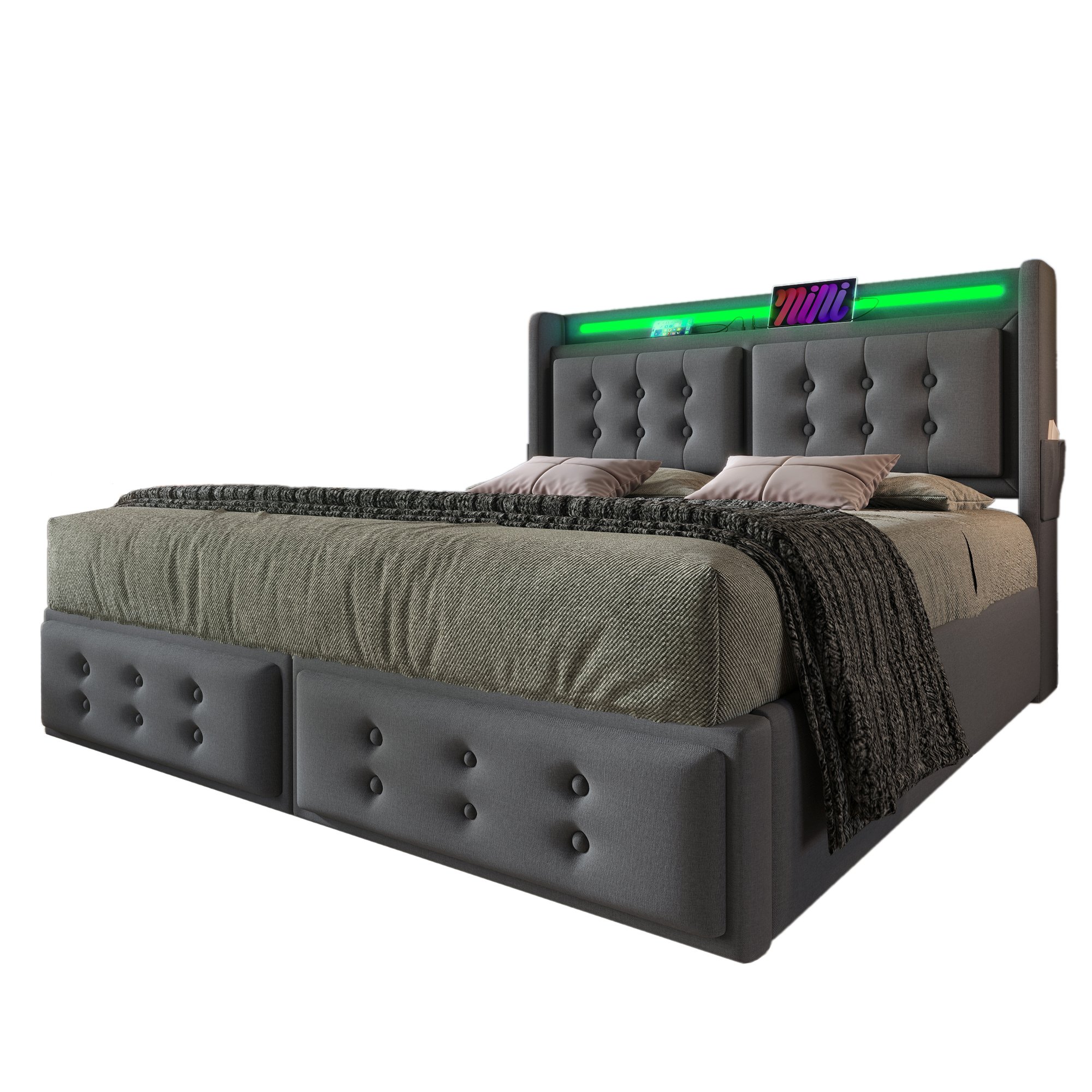 lit coffre 140x200 gris en tissu rembourré avec rangement hydraulique, LED et ports USB Type-C