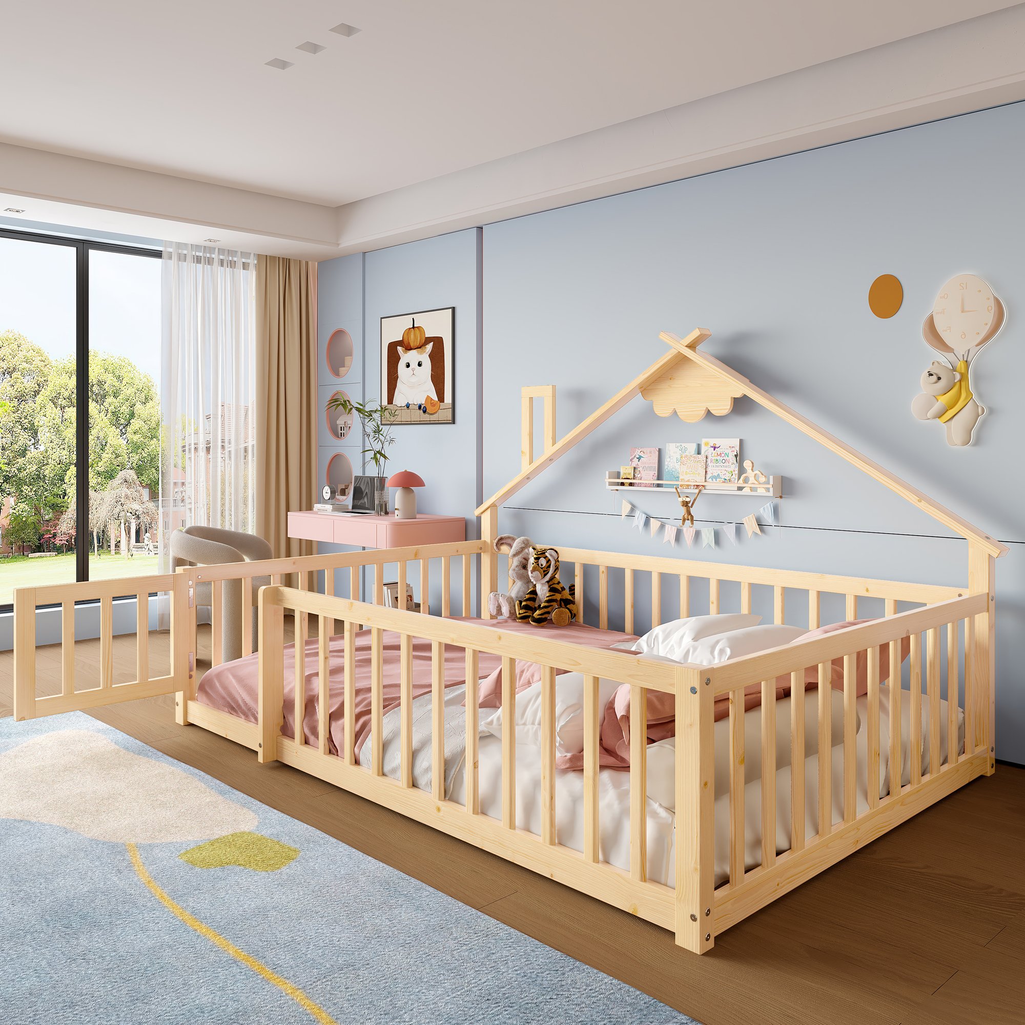 Lit enfant avec barrière de sécurité et serrure, design maison, 140x190 cm, en pin massif