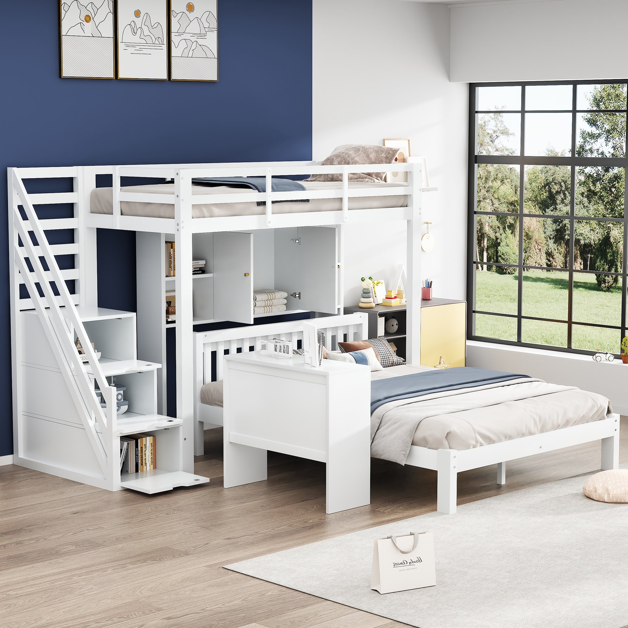 Lit superposé enfant 90x200 et 140x200 avec échelle de rangement et table d'étude, kit complet sans matelas, montage facile