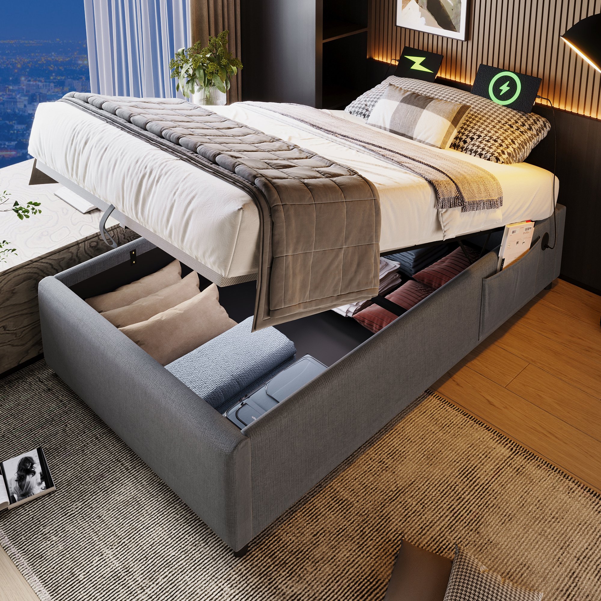 Lit coffre 90x200 avec LED et USB, sommier à lattes bois massif, rangement hydraulique gris, cadre de lit sans tête de lit